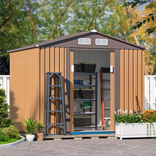 JAXPETY Sheds & Outdoor Storage 6x8 FT Garden Shed Tool Metal Outdoor Storage Shed with Sliding Doors for Backyard, Patio Coffee - Image 8