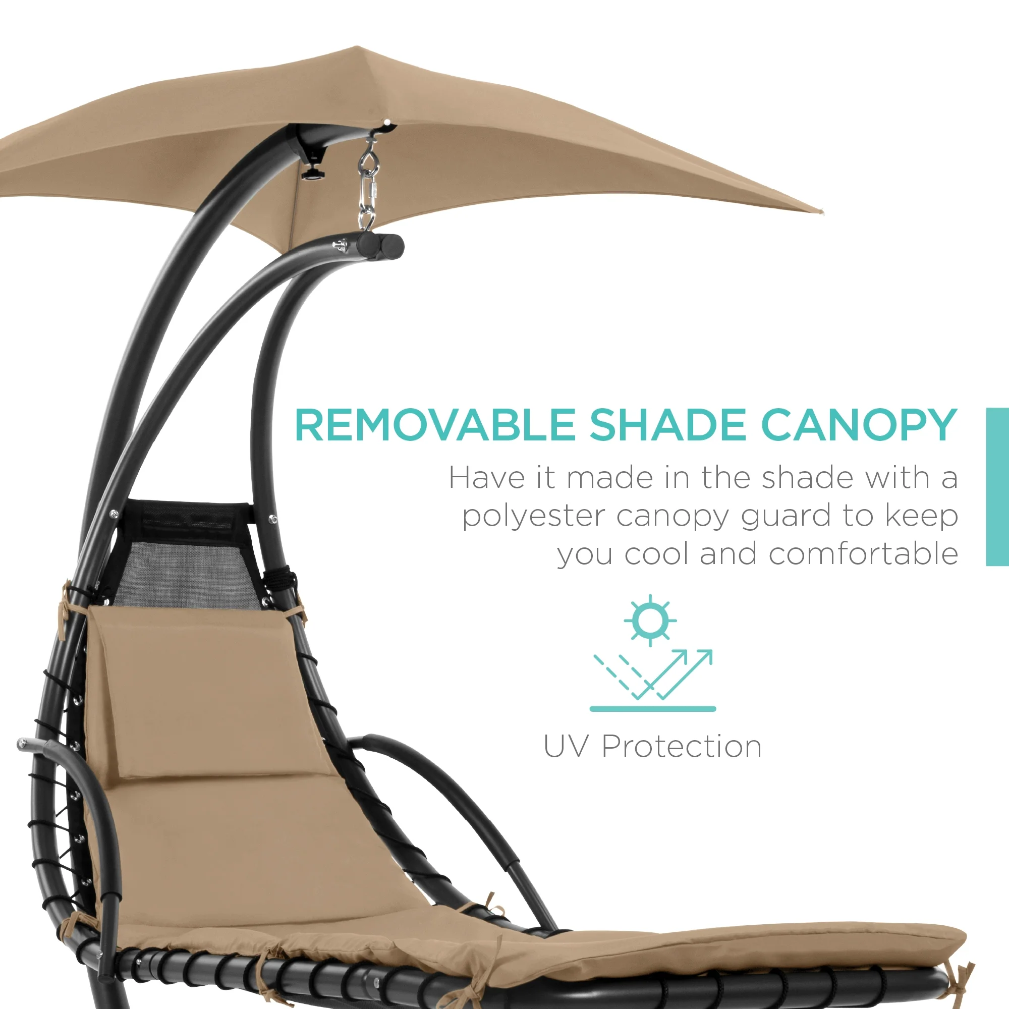 Best Choice Products Hanging Curved Chaise Lounge Chair Swing for Backyard, Patio w/ Pillow, Shade, Stand - Teal - Image 21