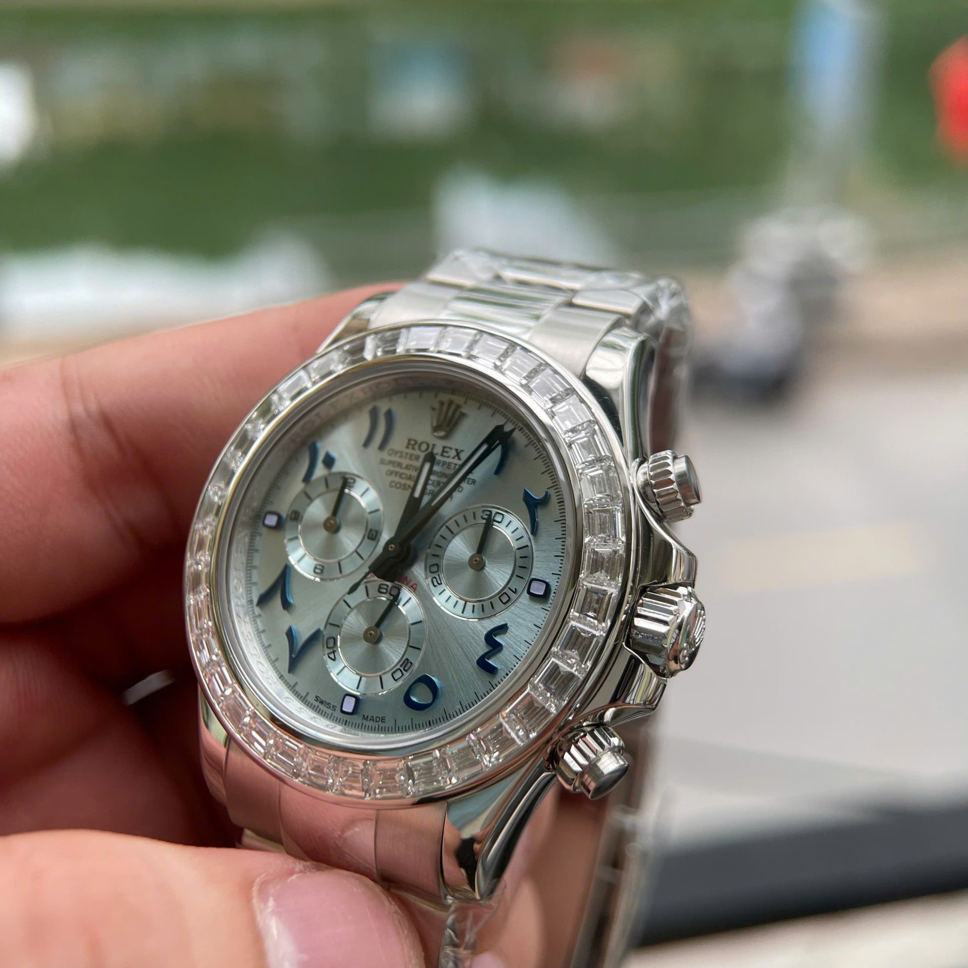 Rolex Daytona Best Replica Watch Custom Solid White Gold + Diamonds Baguette Hong Kong 40mm - Top club