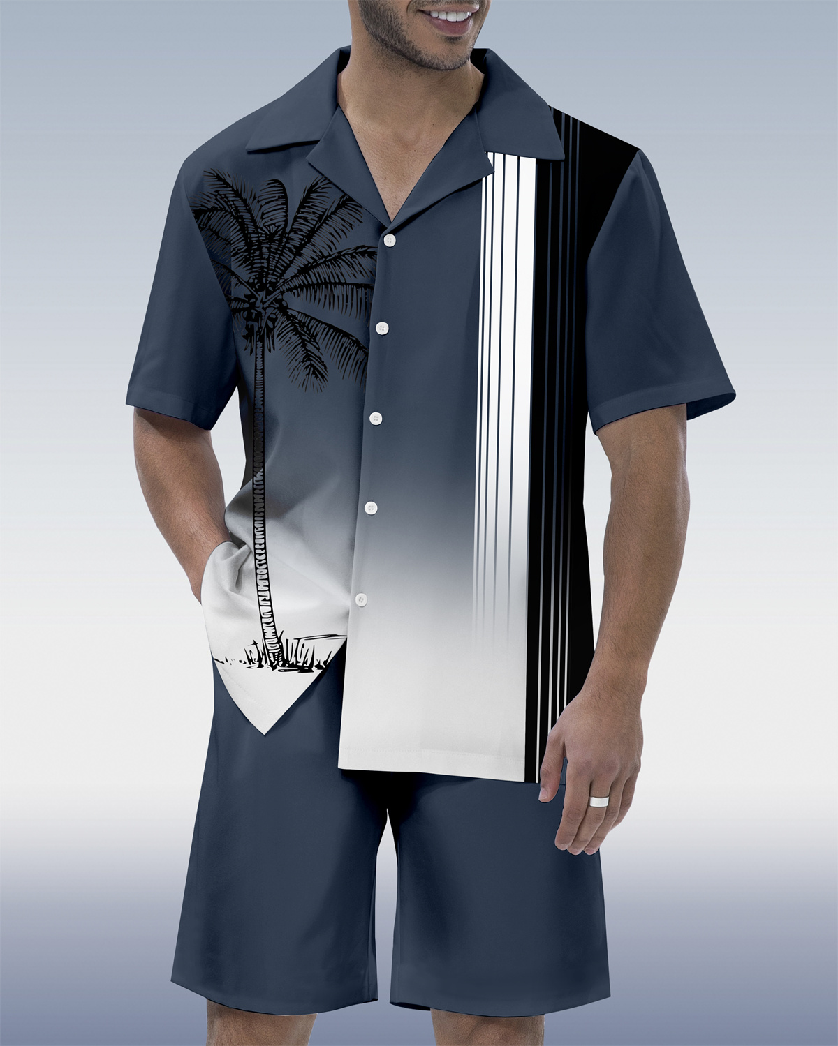 Men's Casual Vacation Hawaiian Cuban Collar Short Sleeve Shirt Set