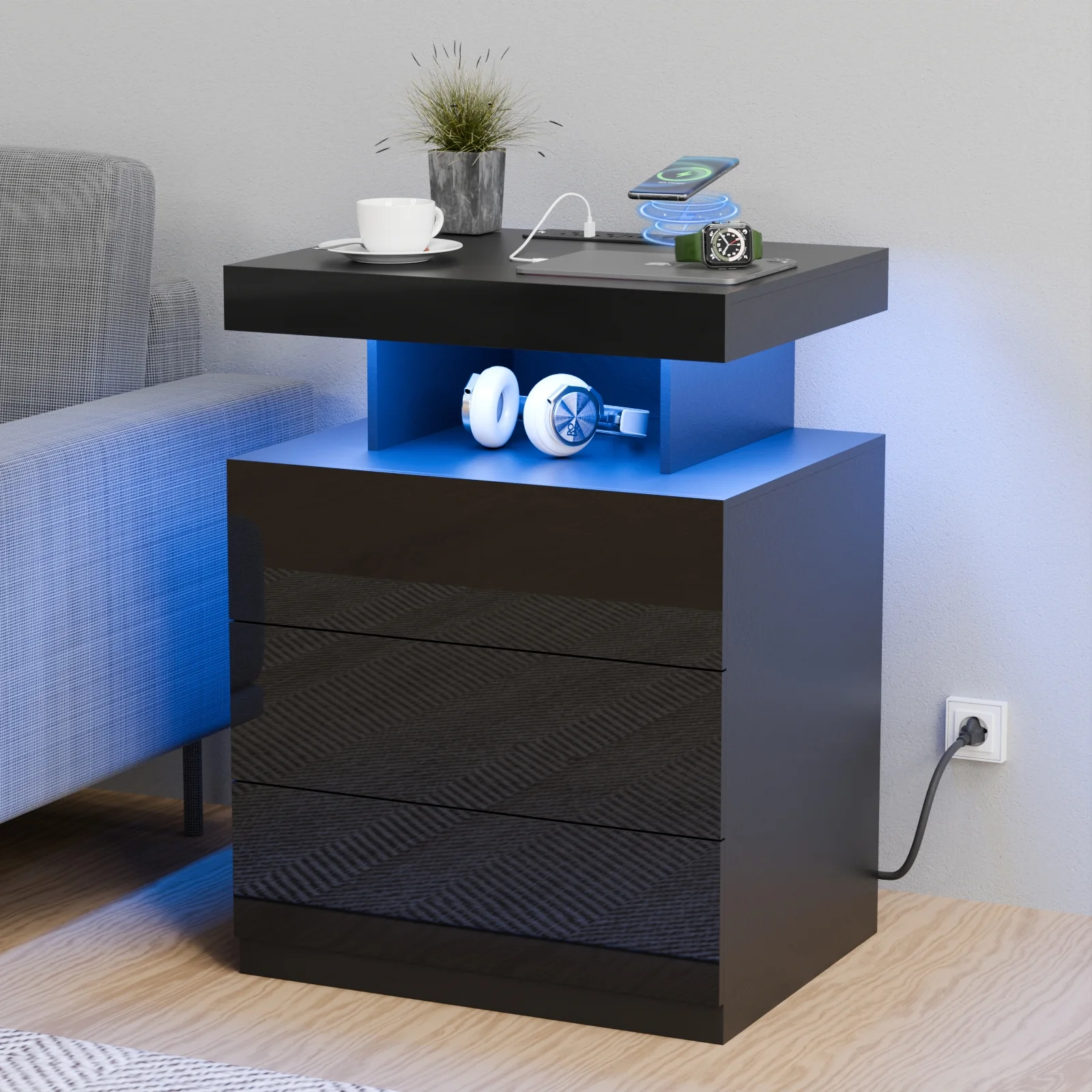 Hommpa LED Nightstand Wireless Charging Station USB Type C Outlets Bedside Table 3 Drawers Black Night Table Modern Smart Nightstand High Gloss End Side Table for Bedroom Furniture 26.8" Tall - Image 14
