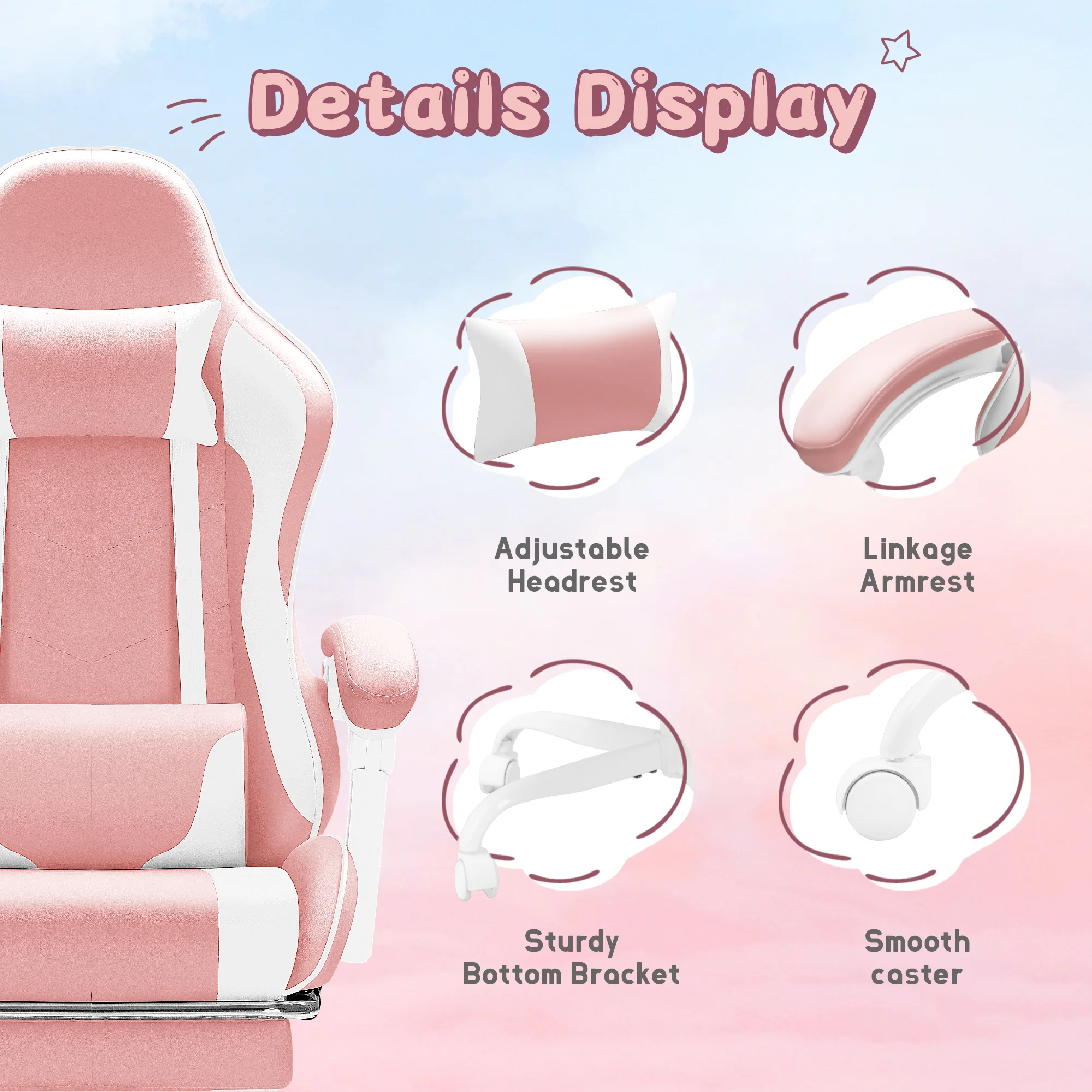 Lacoo PU Leather Gaming Chair Massage Ergonomic Gamer Chair Height Adjustable Computer Chair with Footrest & Lumbar Support, White - Image 53