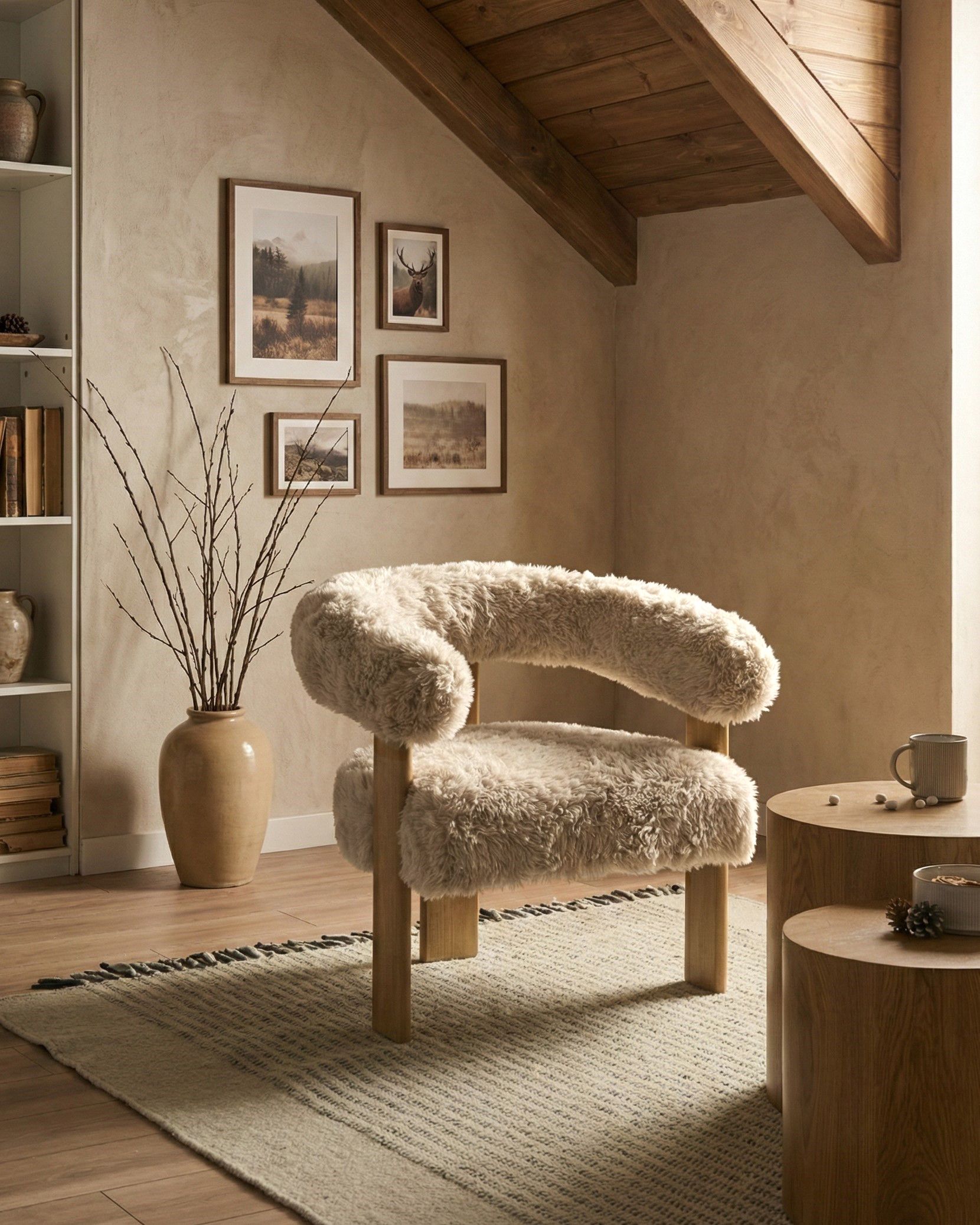 Armchair ILBRO Faux Fur Off-White/ Light Brown