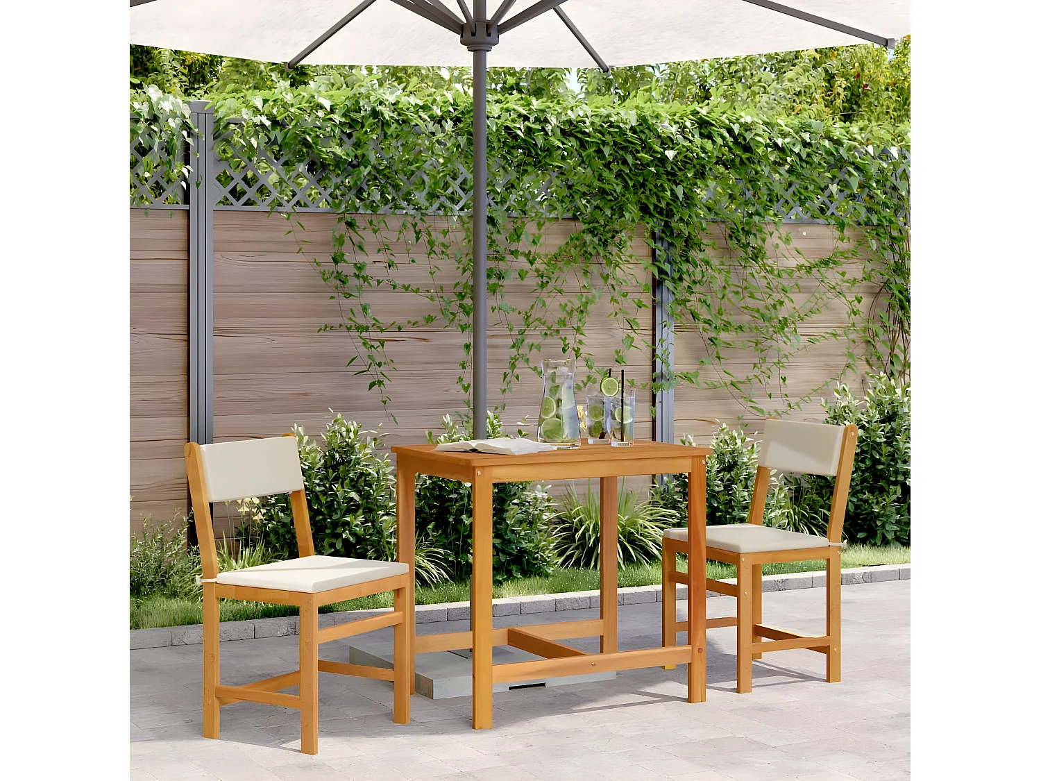 Ensemble de balcon avec coussins 3 pièces bois massif d'acacia