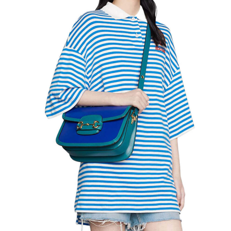 Replica Gucci Horsebit 1955 Small Shoulder Bag 602204 Blue And Green Leather1:1High-quality replica