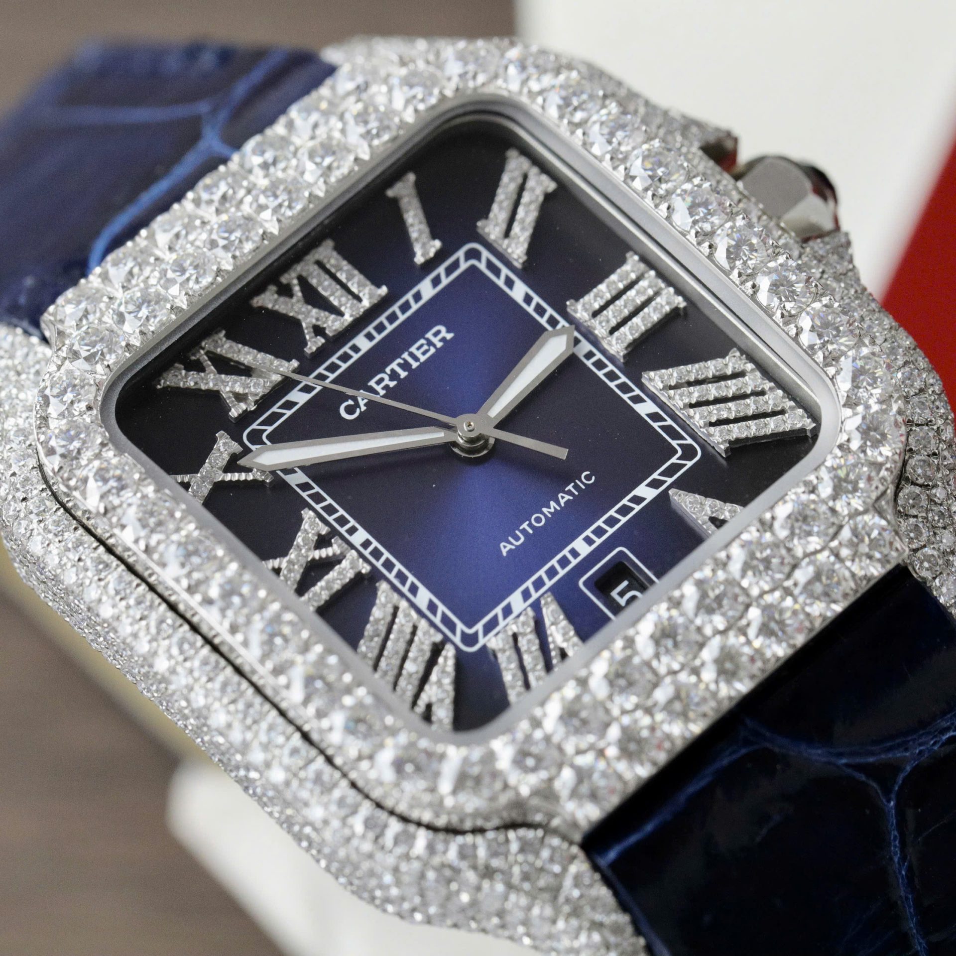 Cartier Santos Best Copies Watch Dial Blue Custom Diamonds Moissanite Hong Kong 39.8mm - Top club