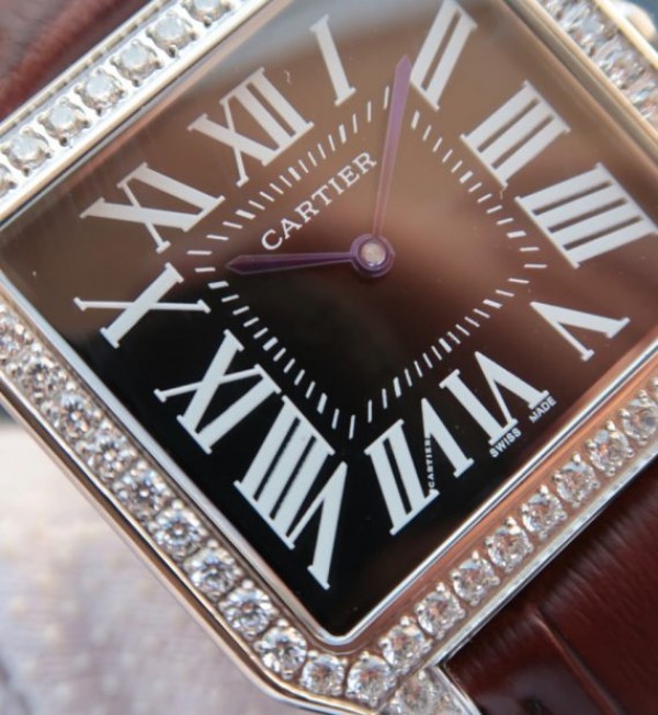 Replica Cartier Santos WH100651 Diamond SS Black Dial Leather Strap A9015 - Elite Watch Atelier