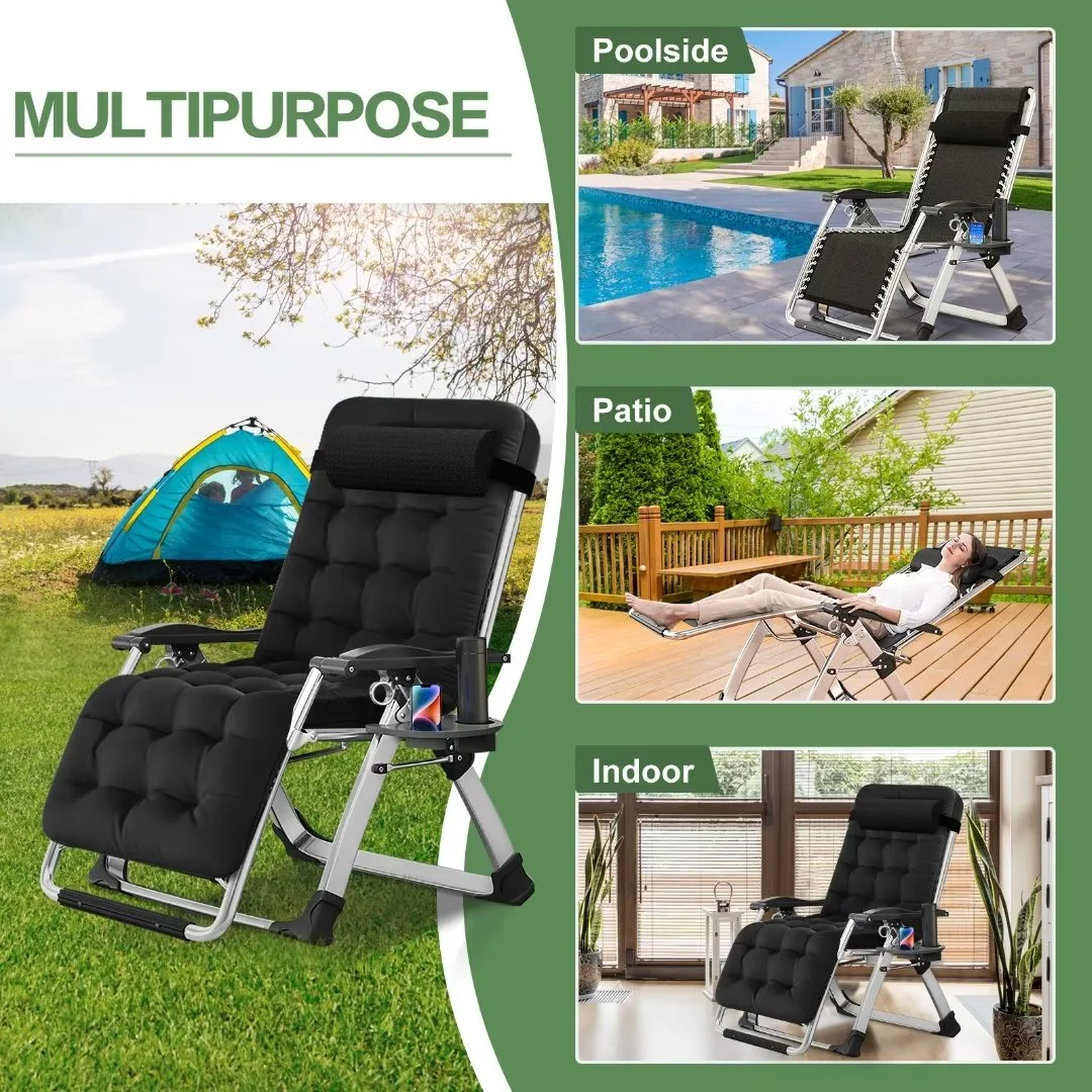 NAIZEA 2 Pack Zero Gravity Chair, Foldable Portable Lawn Recliner with Cushion, Headrest, Cup Holder, Black - Image 9