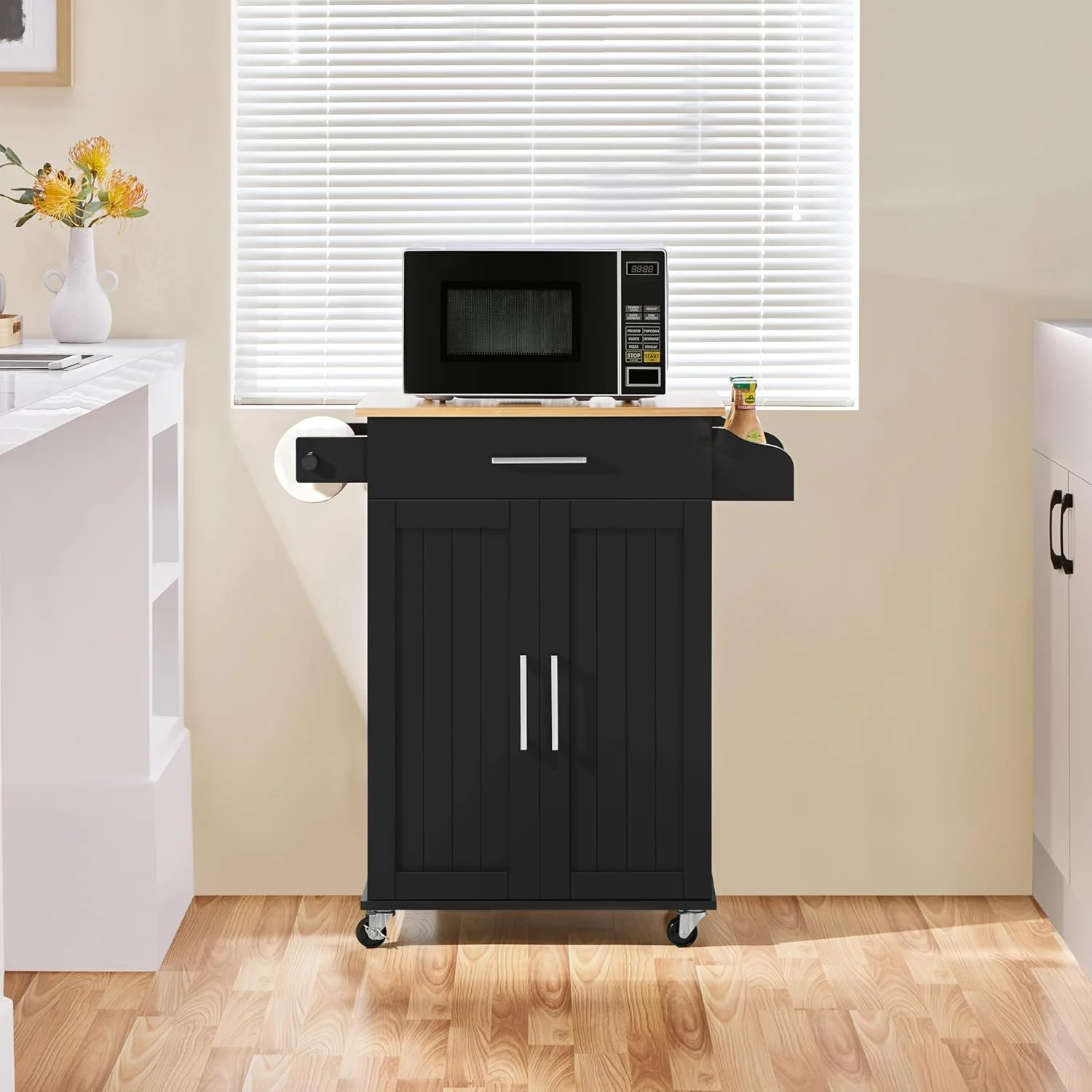 HXYHJ Kitchen Island on Wheels with Storage Cabinet, Rolling Kitchen Cart with Bamboo Top & Drawer & Spice Rack Towel Bar, Microwave Stand Cart for Kitchen/Dining Room, Black - Image 5