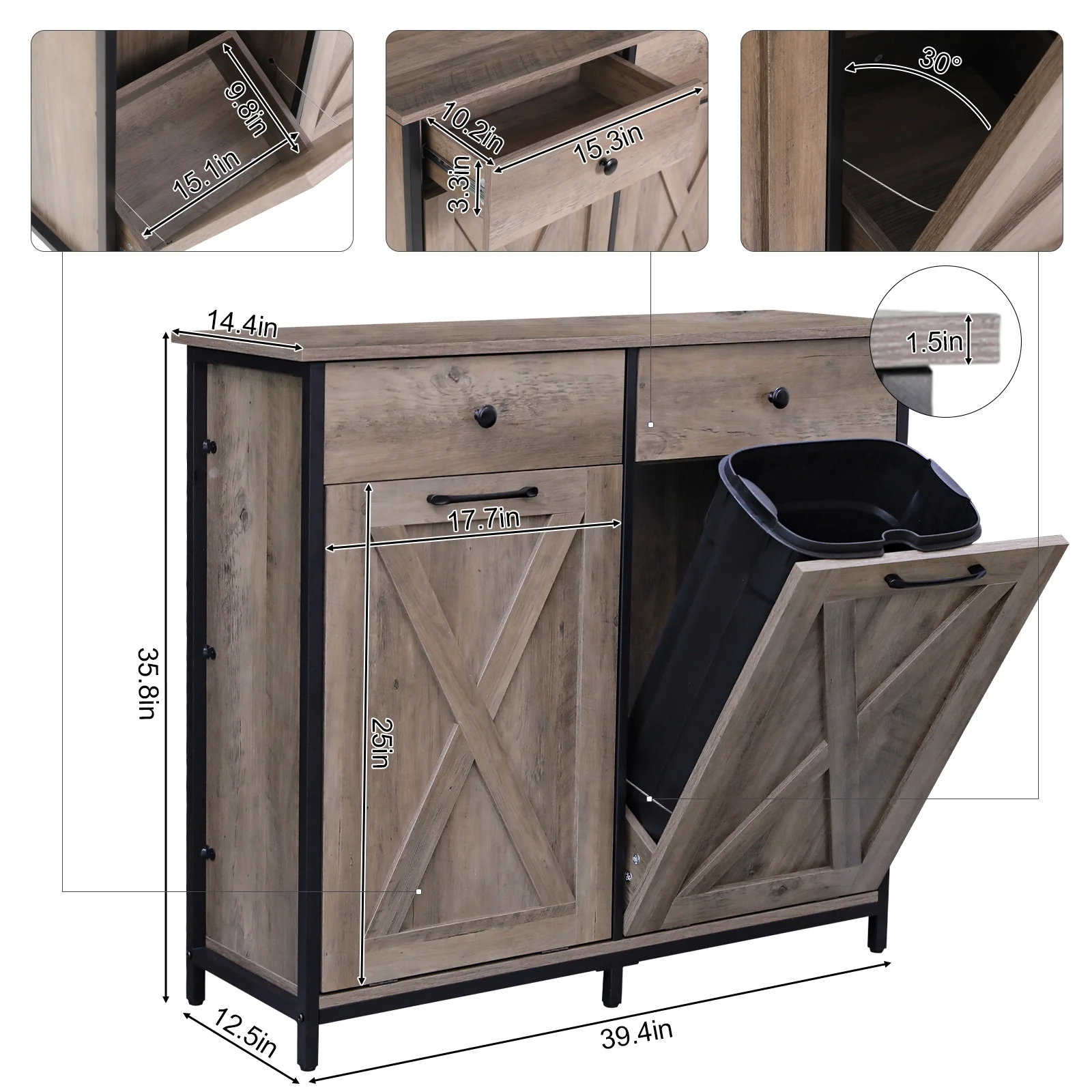 Pirecart 20 Gallon Double Tilt Out Trash Cabinet Wood Hidden Storage Cabinet, Recycling Cabinet with 2 Drawers, Black - Image 16