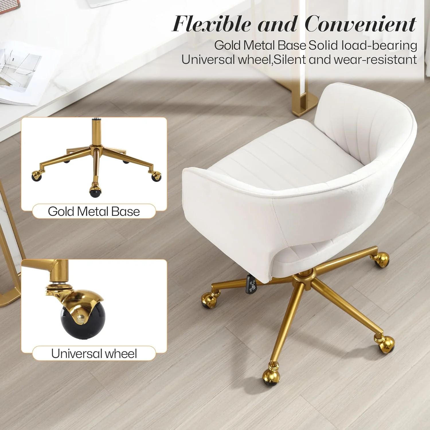 Home Office Swivel Desk Chair, Modern Velvet Vanity Chair, Height Adjustable Armchair with Gold Base, Ergonomic Office Chair for Task Study Computer Room, Beige - Image 9