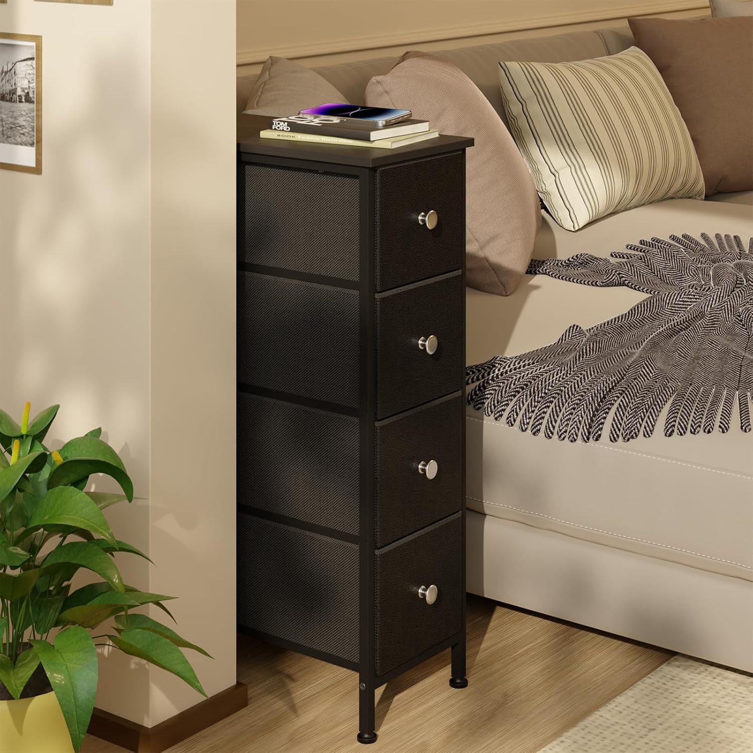 Black Narrow Storage Cabinet with 4 Fabric Drawers, Slim Storage Dresser - Image 3 Black Narrow Storage Cabinet with 4 Fabric Drawers, Slim Storage Dresser - Image 3