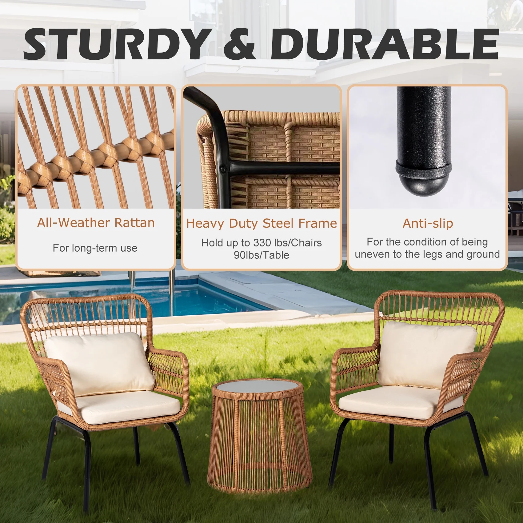 Tappio 3-Piece Patio Conversation Bistro Set Rattan Furniture, Outdoor Patio Set w/Glass Top Table & Cushions for Garden Balcony Backyard Poolside, Yellow/Beige - Image 2