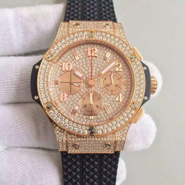 Replica Hublot Big Bang Gold Full Pave Chrono RG Diamonds Dial Black Rubber Strap A7750 - Elite Watch Atelier