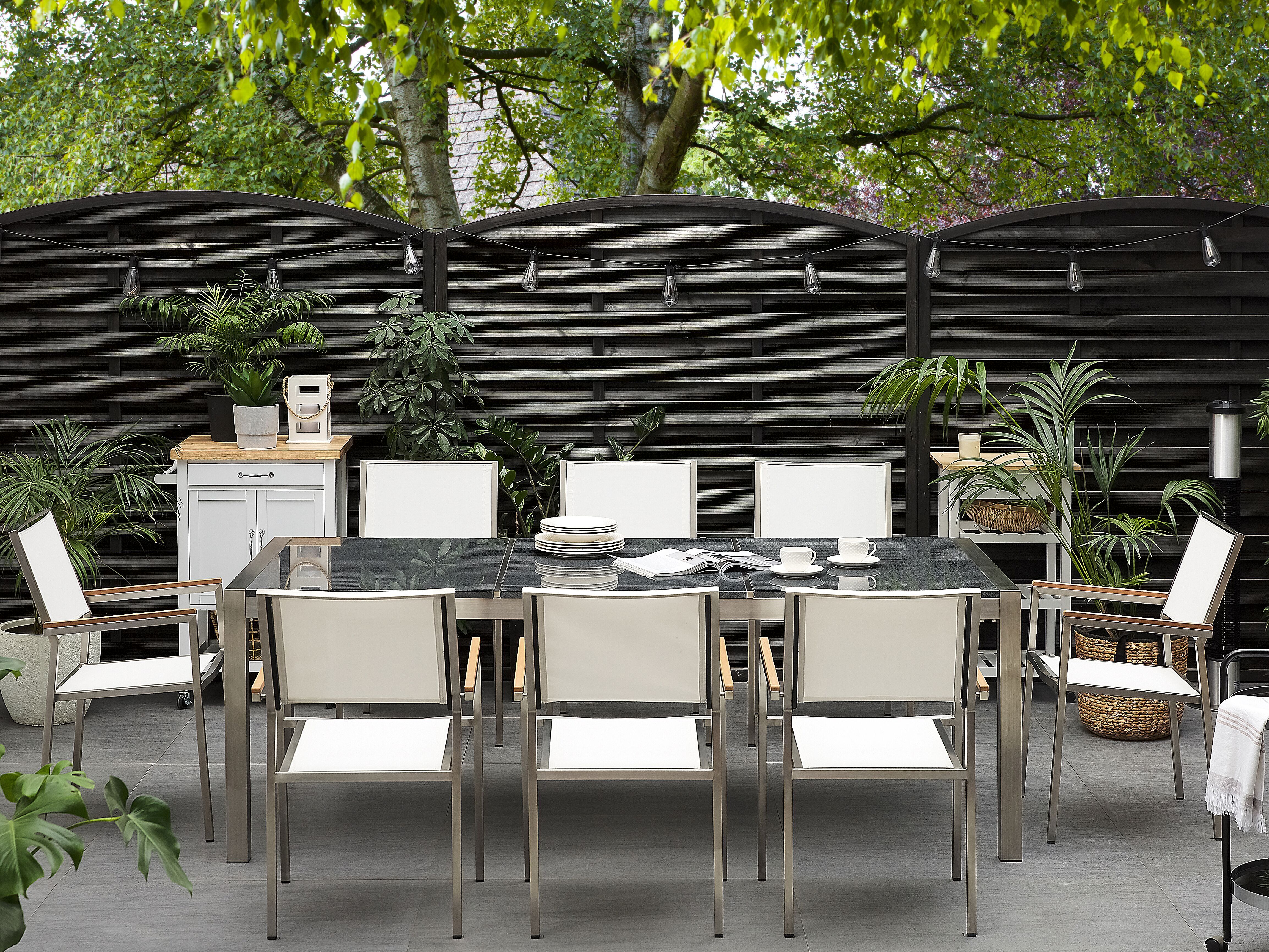 Garden Dining Set 8 Seater GROSSETO Triple Plate Granite Polished Grey/ White