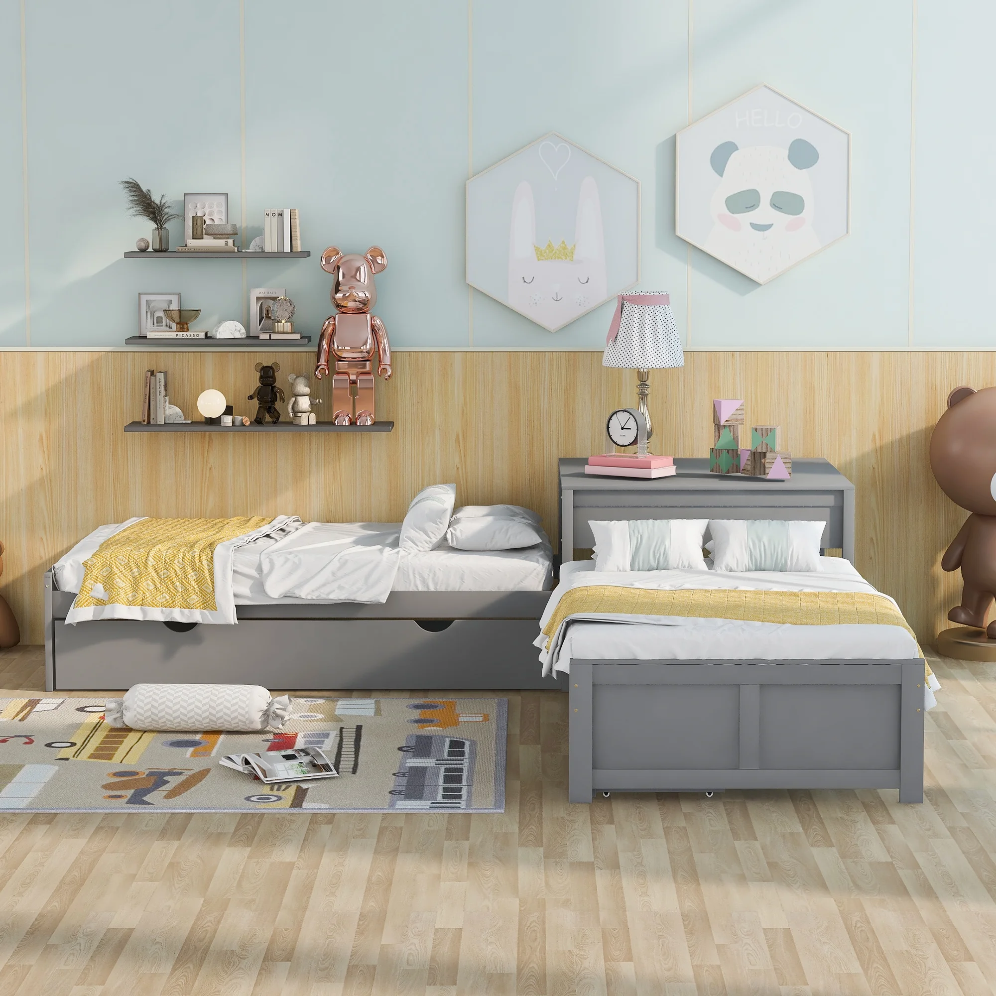 Euroco Wood Twin Size L-Shaped Platform Bed with Square Storage Table for Kids Teens, 2 Platform Beds with Trundle and Drawers for Living Room, 3 Twin Beds, Gray