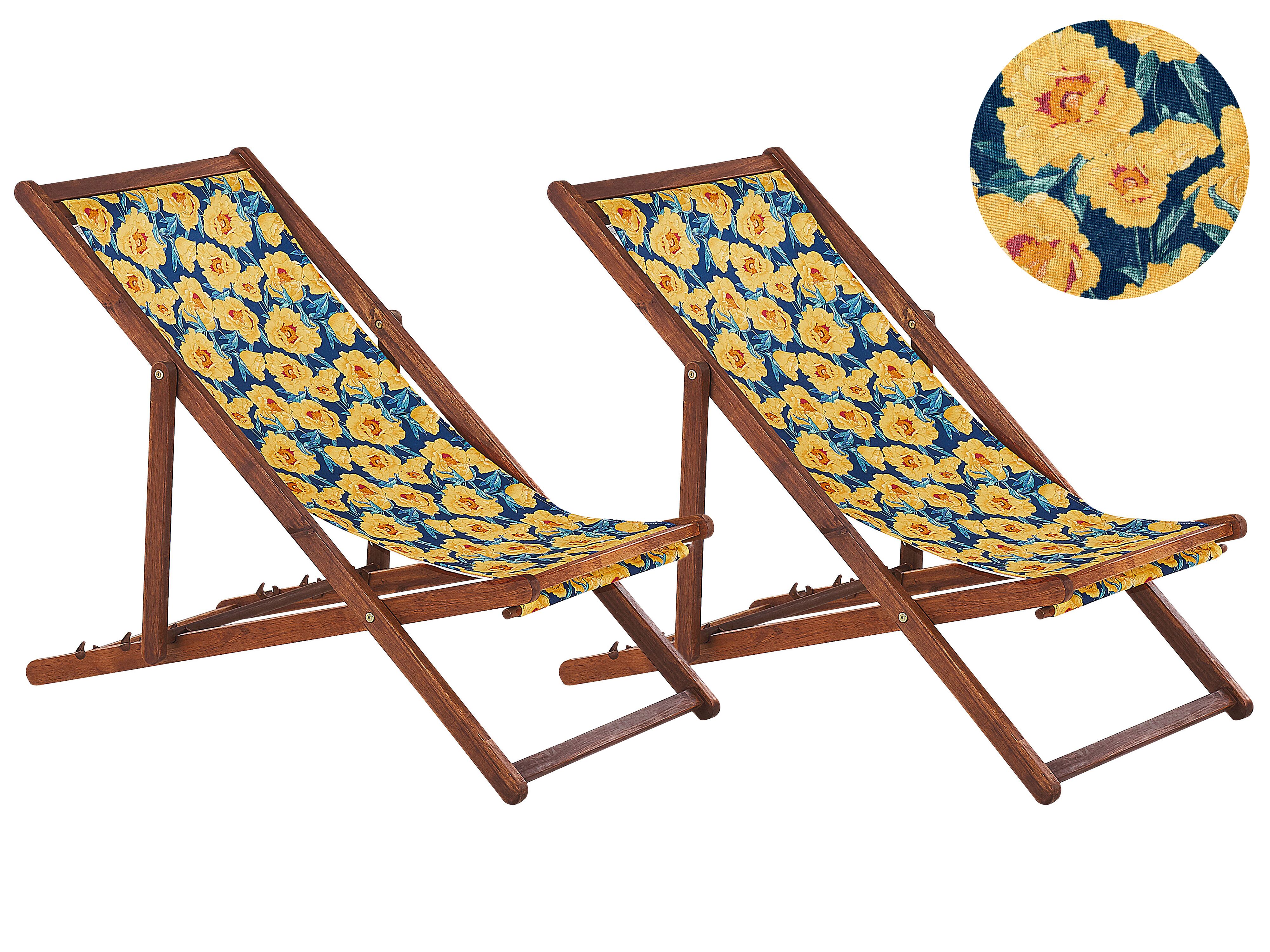 Set of 2 Folding Deck Chairs ANZIO with Replacement Fabrics Floral Motif Acacia Wood Dark Brown