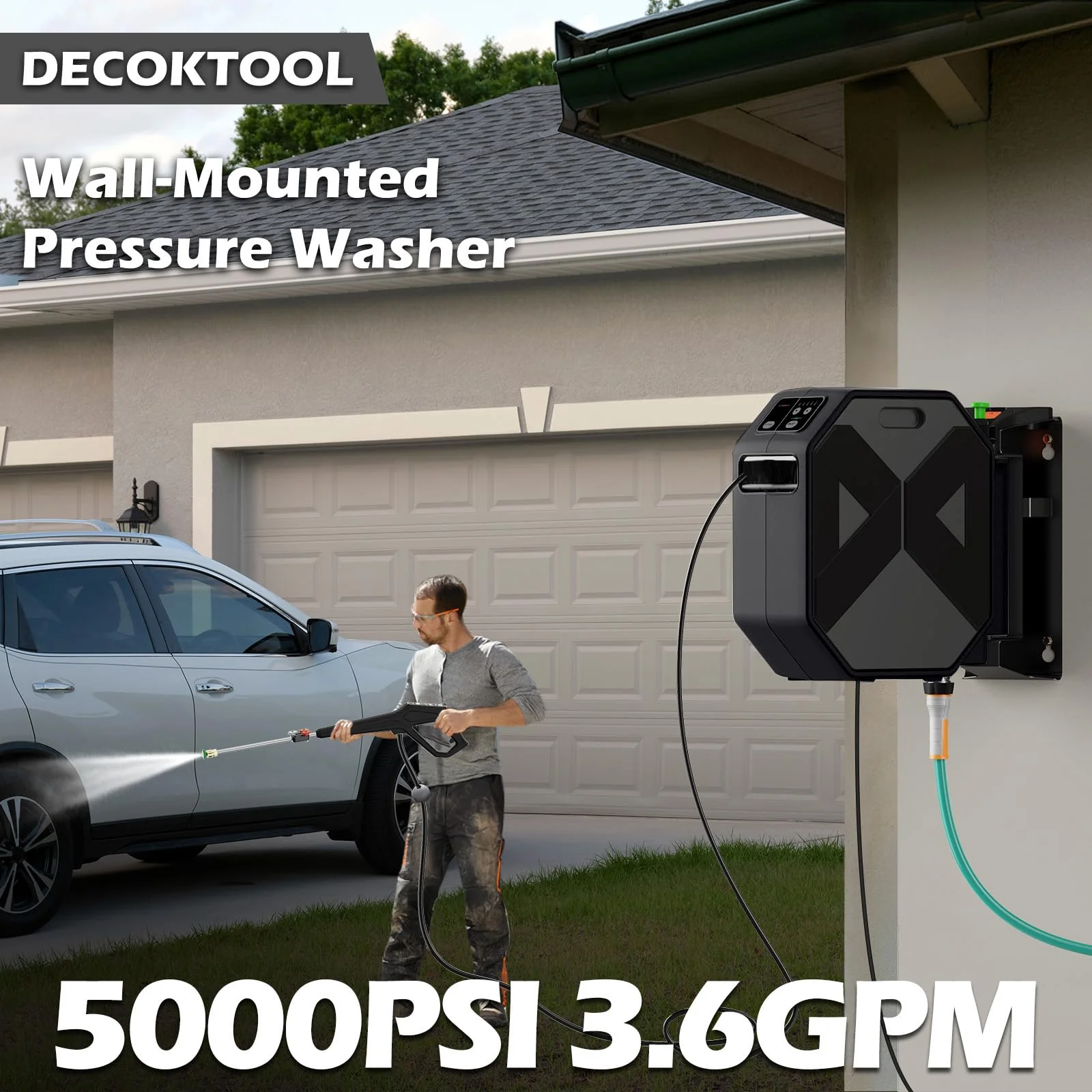 Wall Mounted Pressure Washer - 5000 PSI, 3.6 GPM Electric Power Washer with 100FT Retractable Hose, 5-Stage Adjustable Pressure, Foam Cannon & 5 Nozzles for Car, Lane, Patio Cleaning, Black