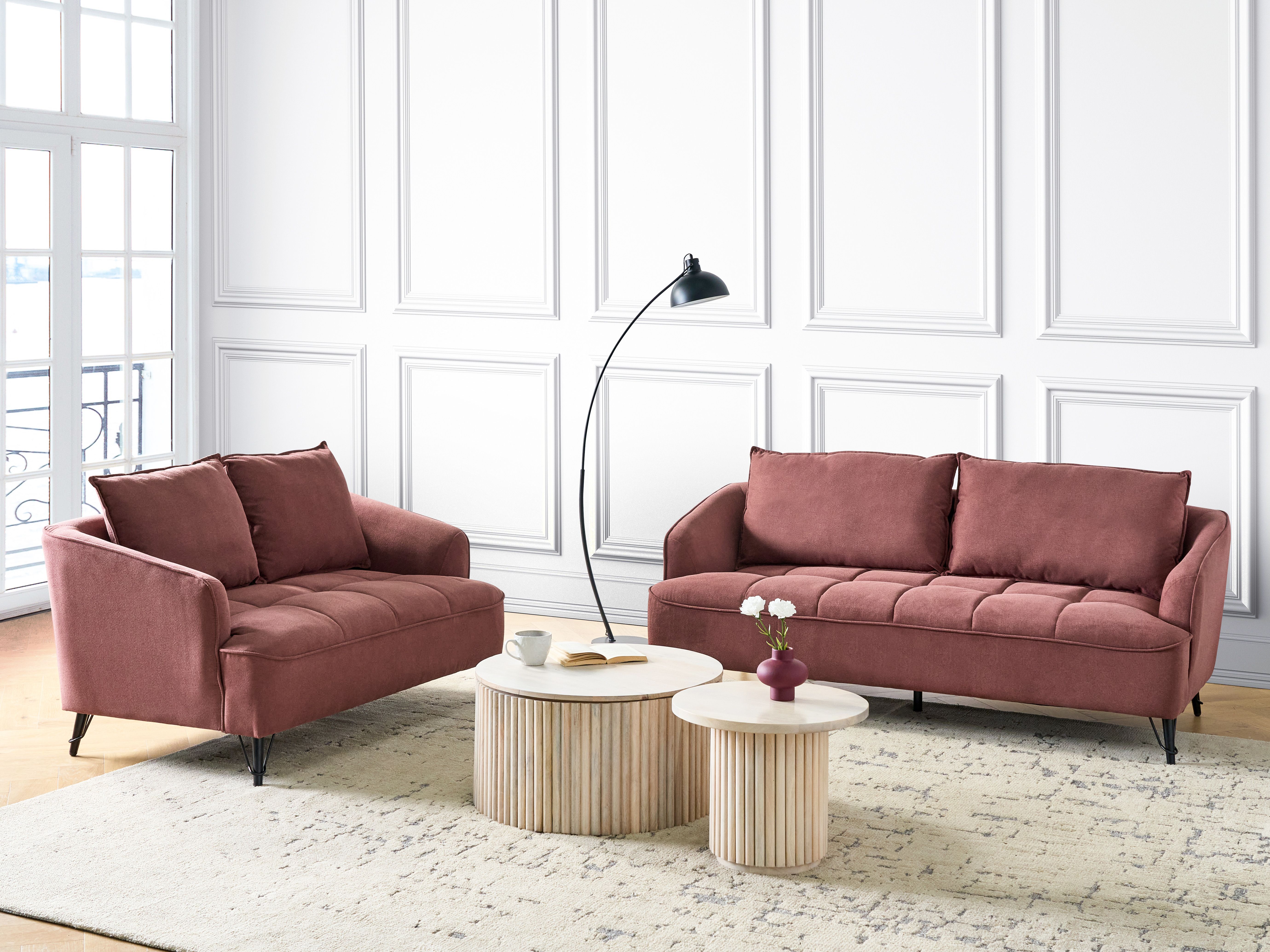 Living Room Set 5 Seater HOBRO Fabric Burgundy