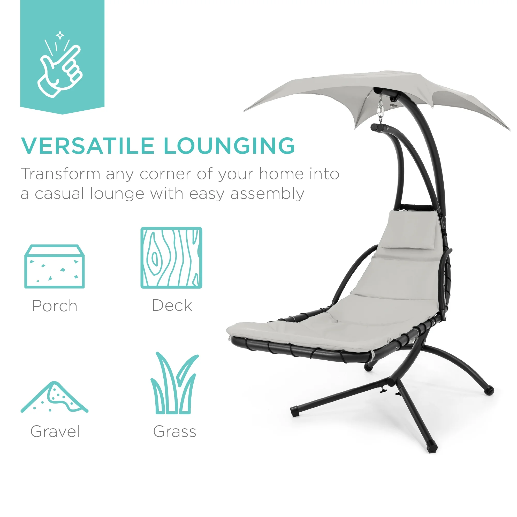 Best Choice Products Hanging Curved Chaise Lounge Chair Swing for Backyard, Patio w/ Pillow, Shade, Stand - Teal - Image 139