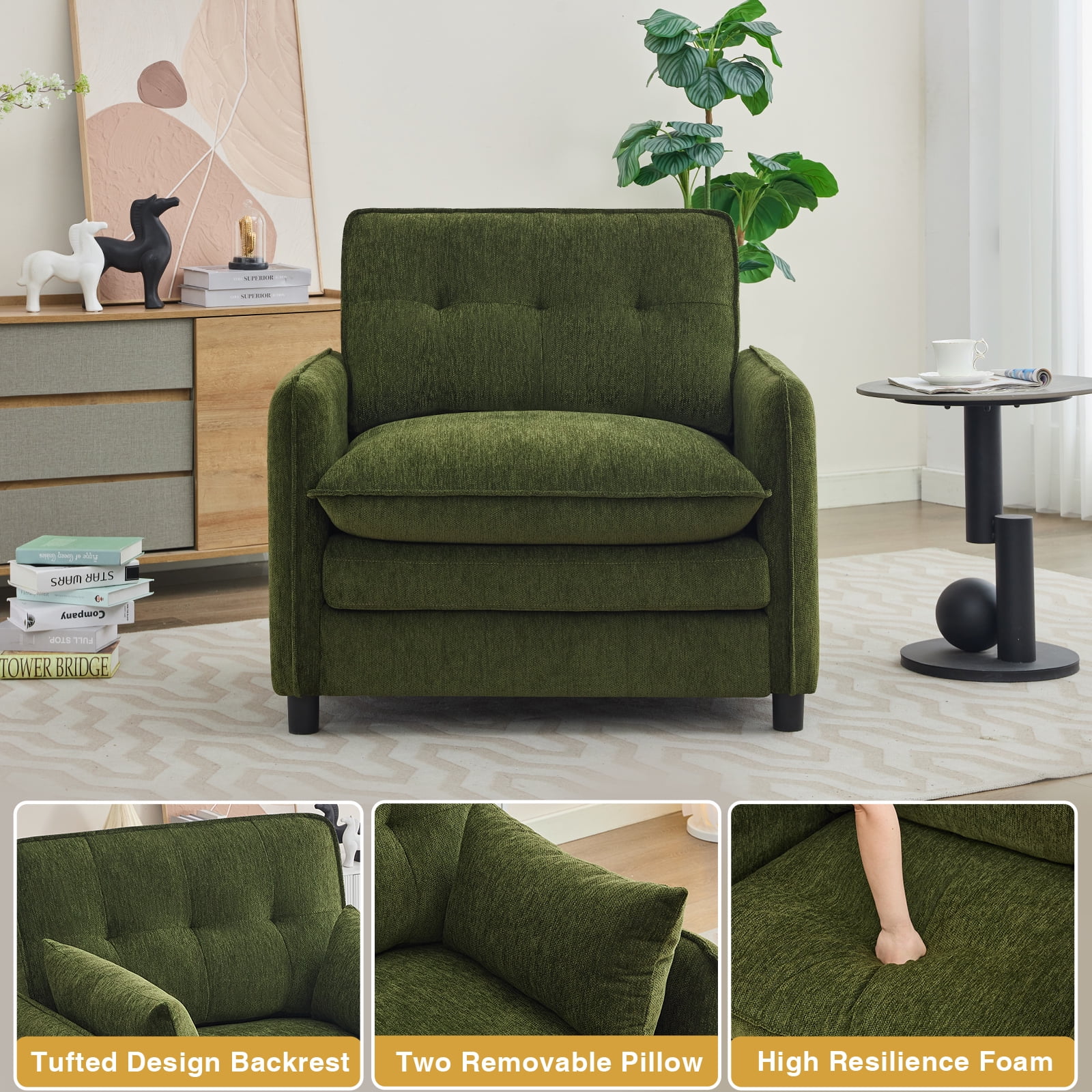 Aemeios Upholstered Chenille OversizedAccent Armchairs with Ottoman and Side Pocket, Cream - Image 11