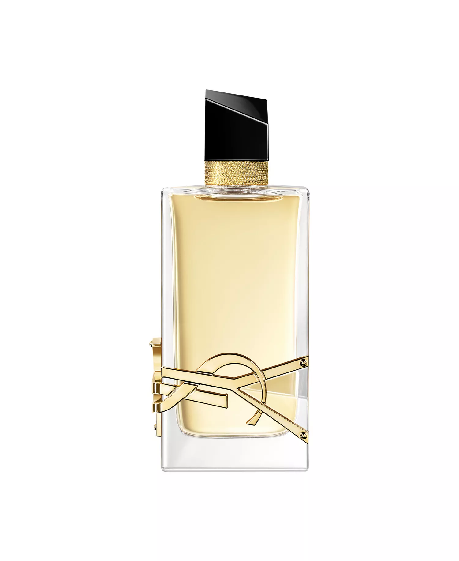Yves Saint Laurent Libre Eau de Parfum glass bottle featuring the iconic gold YSL Cassandra logo wrapping around the base and an asymmetrical black cap.