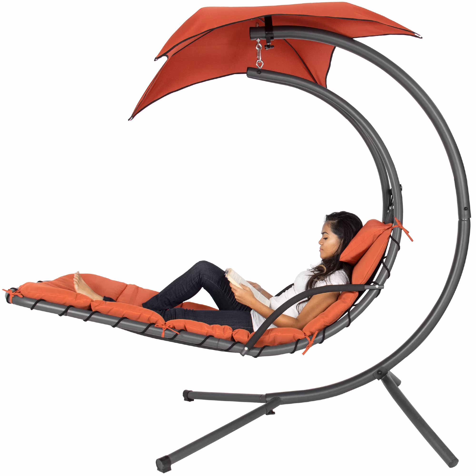 Best Choice Products Hanging Curved Chaise Lounge Chair Swing for Backyard, Patio w/ Pillow, Shade, Stand - Teal - Image 18