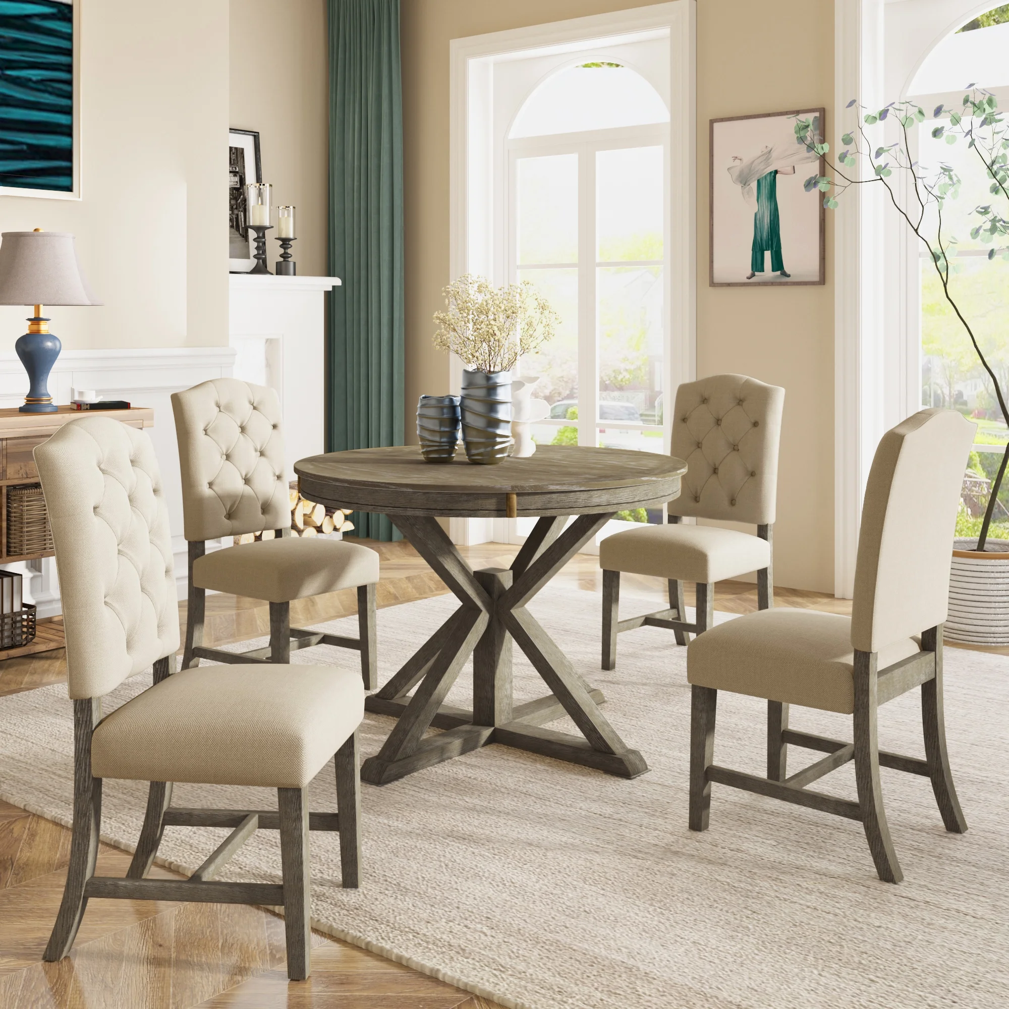 Besthome Farmhouse Extendable Round Kitchen Dining Room Table Set with Upholstered Chairs of 4, 5 Piece Round Dining Table Set with Extendable Table, Espresso - Image 13