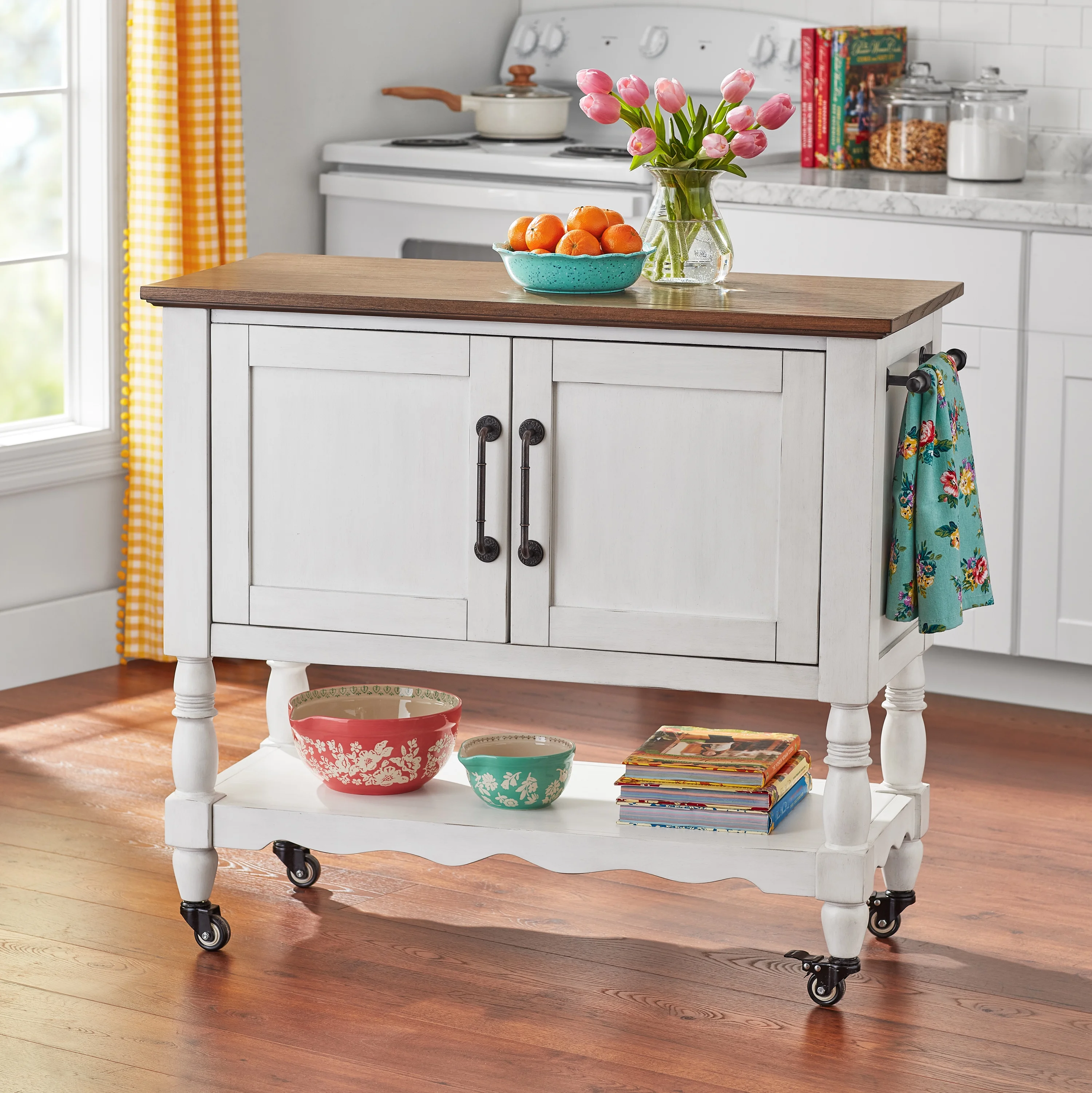 The Pioneer Woman Two-Tone Kitchen Cart Made With Solid Wood Frame, White - Image 2