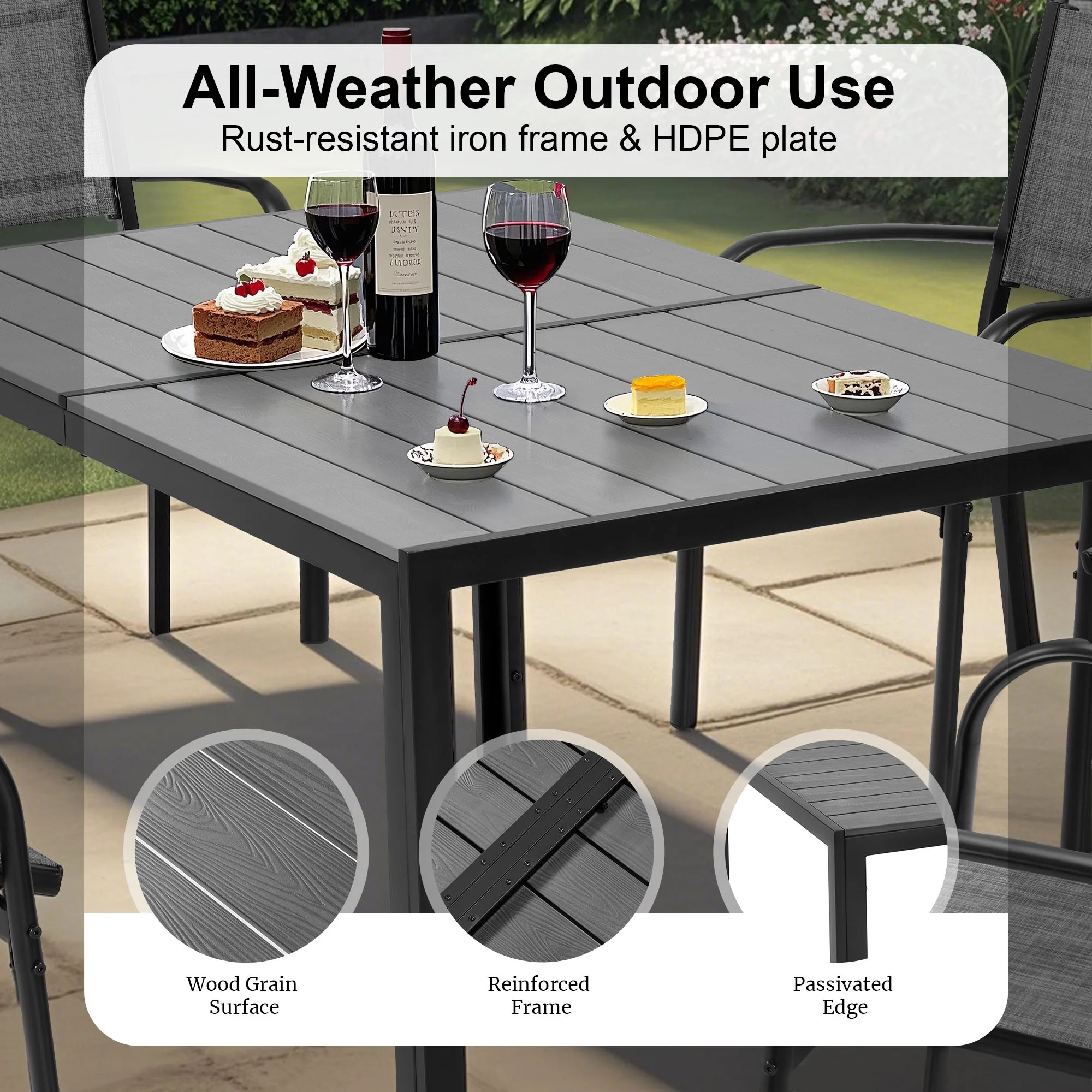 Patio Dining Set of 7, Outdoor Table and Chairs Textilene Design, Patio Furniture with Rectangle Plastic-wood Table, Space-saving Dining Table Set Stackable Design, Gray