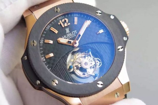 Replica Hublot Big Bang Tourbillon RG Black Textured Dial Black Rubber Strap - Top club