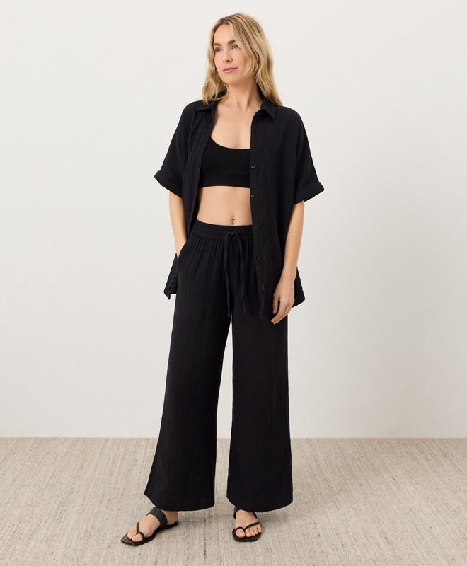 Organic Coastal Double Gauze Split Hem Pant - Black