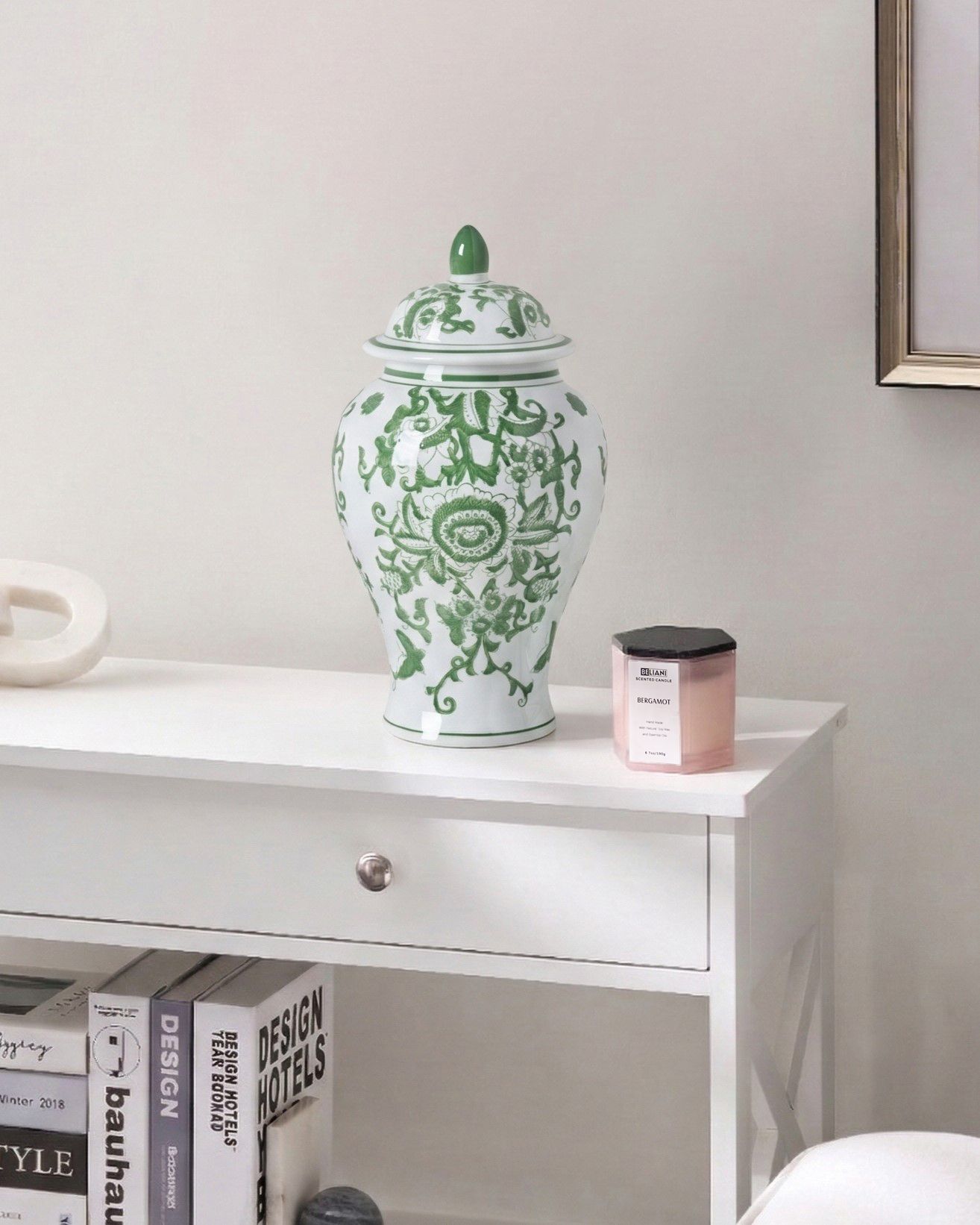 Lidded Vase MONDRAGON Porcelain 37 cm White/ Green