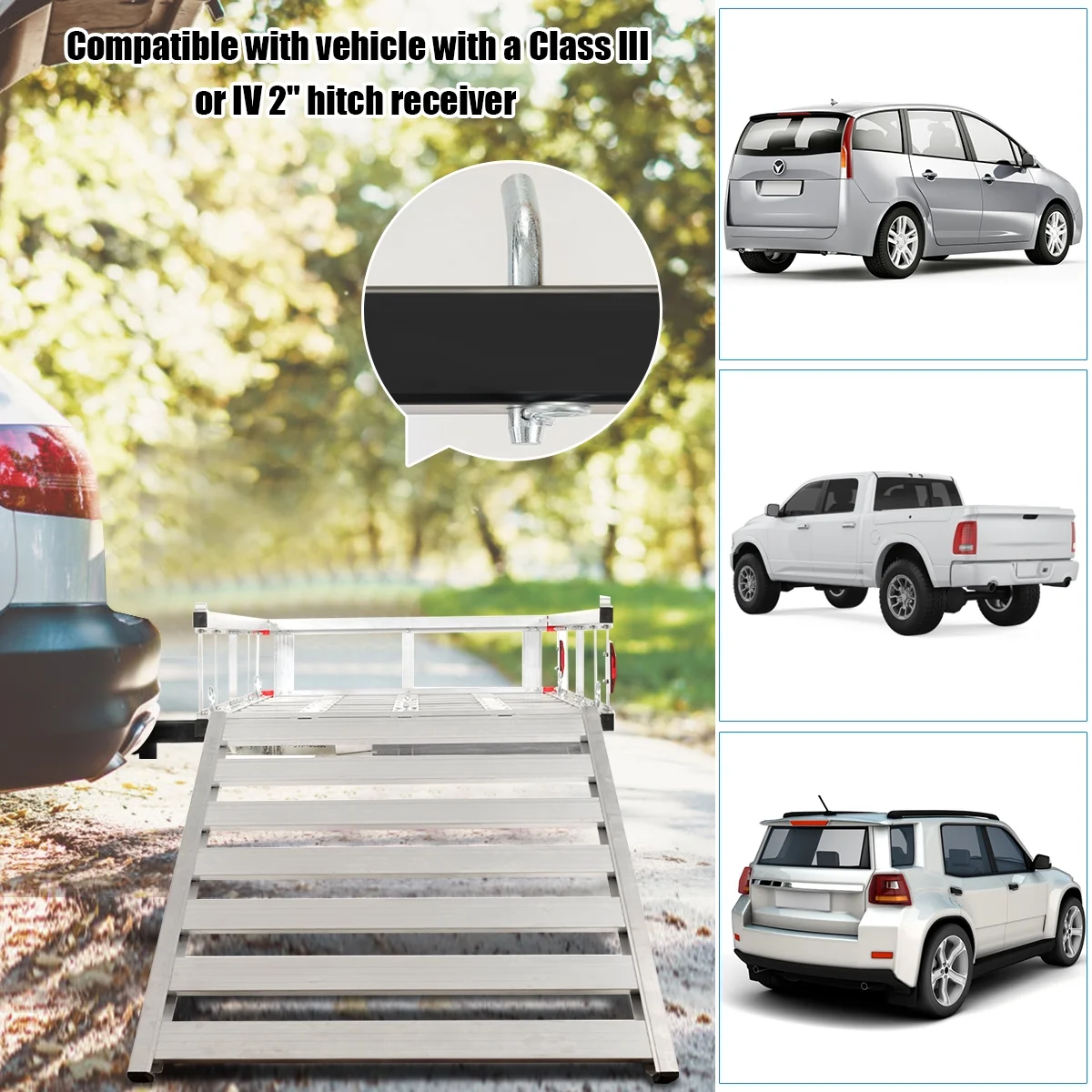Costway 50'' x 29.5'' Aluminum Cargo Carrier with Ramp Hitch-Mounted Mobility Carrier Hauler - Image 3