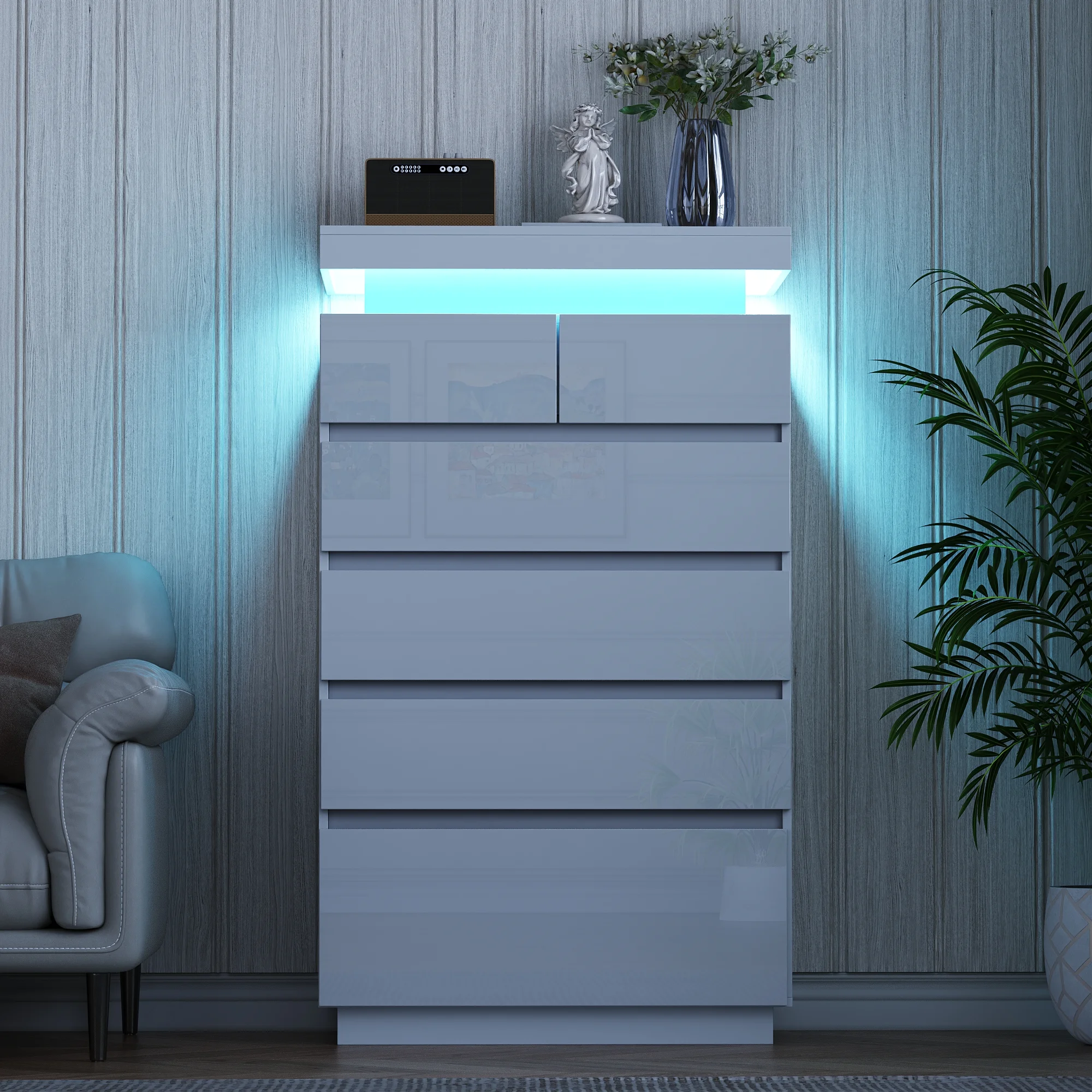 NEGYLIM 6 Drawer White Dresser, High Gloss Dresser with LED Light for Bedroom, Living Room, Hallway, Easy Assembly - Image 2
