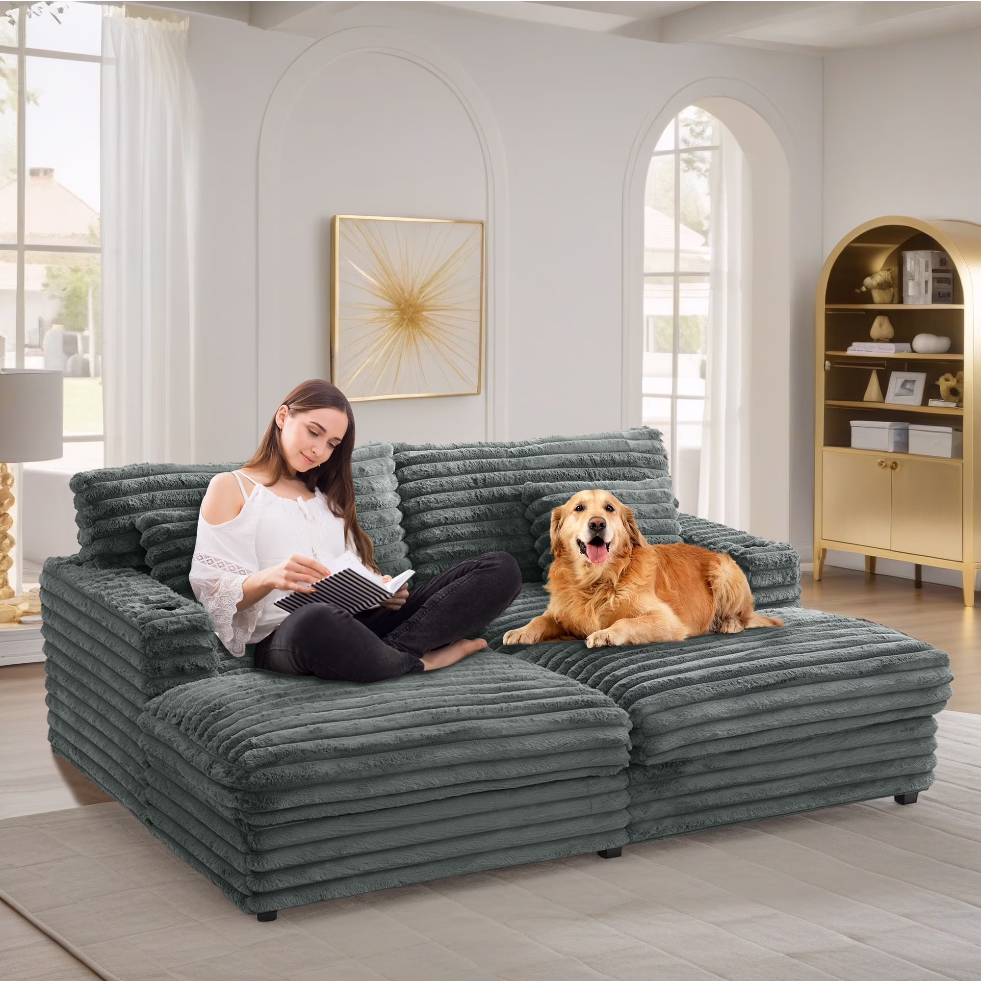 Oversized Double Chaise Lounge, Faux Fur Upholstered Deep Seat Sofa with 2 Pillows, 2 Cupholders, and Dual USB Ports - Image 7