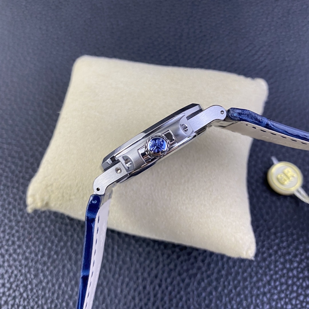Fake Patek Philippe Replica Watch 5724G-001 Nautilus 40mm Black-Blue Baguette Diamond Bezel Moon Phase Date White Gold Leather Automatic GRF(1:1 replica) - Top club