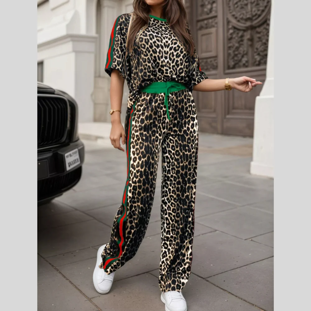 Leopard Round Neck Top and Pants Two-Piece Set - ZKZOOK