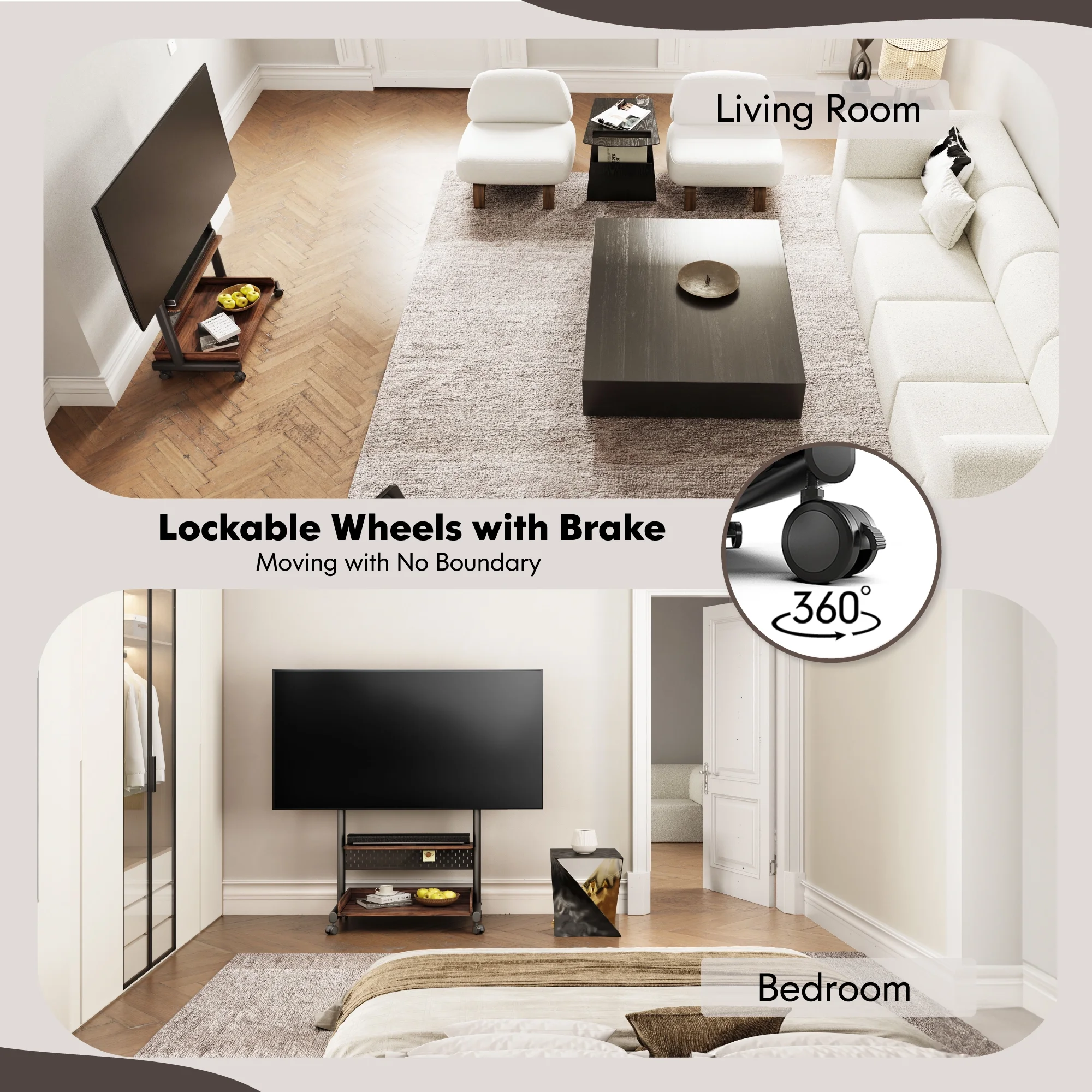 FITUEYES Rolling TV Stand with Wheels for 40-85 inch TVs, Height Adjustable Mobile TV Stand TV cart with Wooden Large Storage,White - Image 20