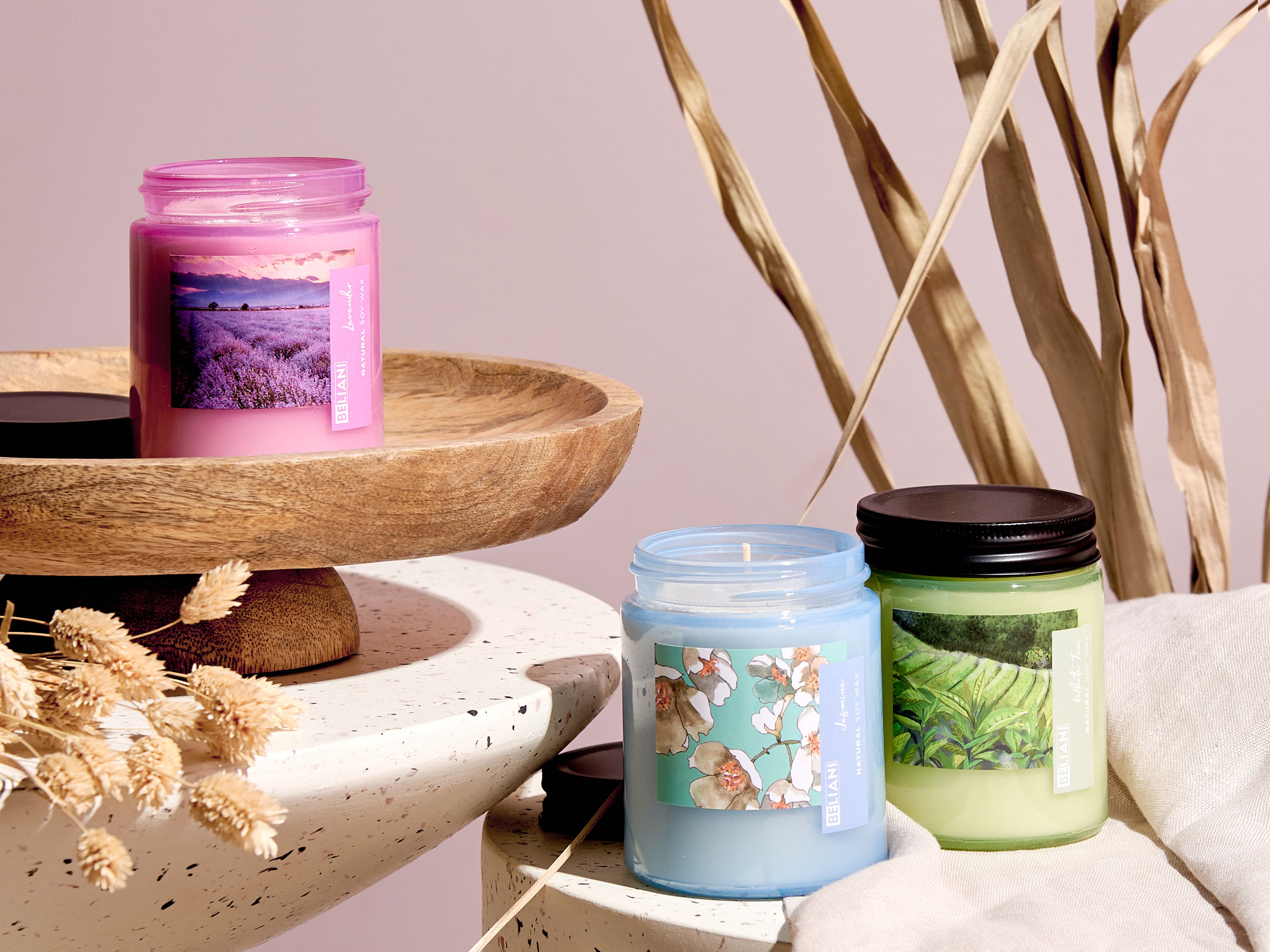 Set of 3 Scented Candles FRUITY BLOOM Soy Wax Fresh Notes Floral Notes