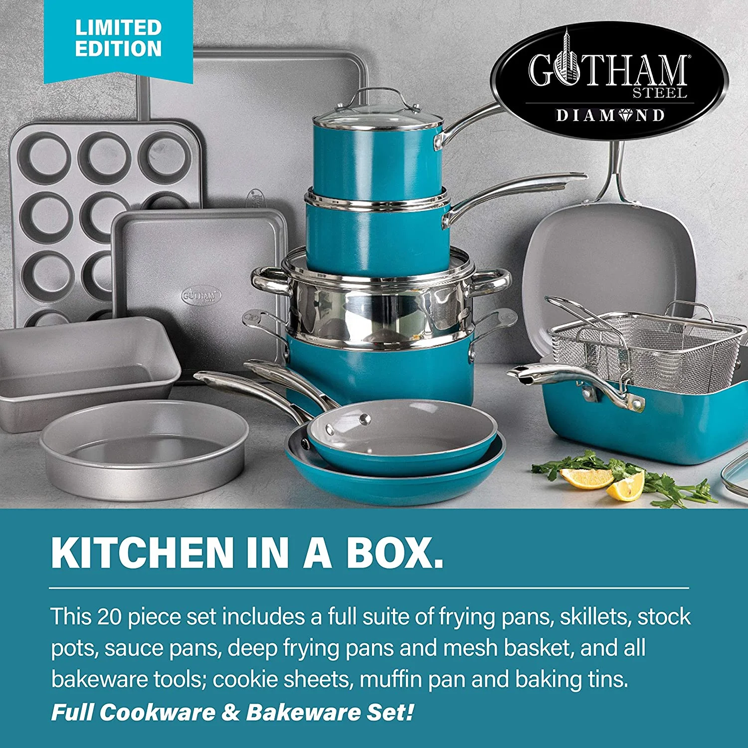 Gotham Steel Nonstick Pots and Pans 20 Piece Kitchen Ceramic Cookware Set Bakeware Cooking Frying Skillet Sauce Pan Aqua Blue