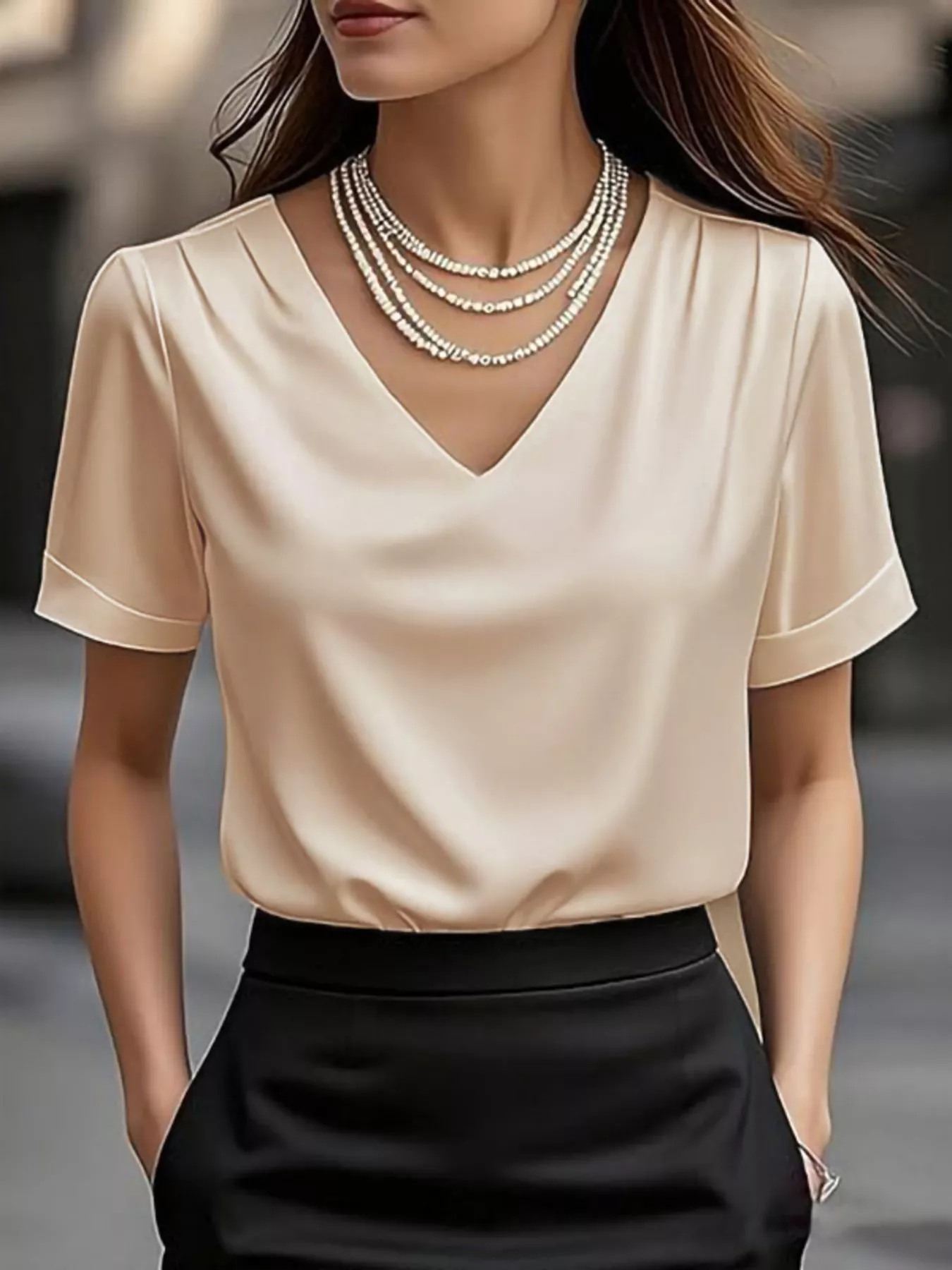 V-Neck Short Sleeve Satin Blouse - ZKZOOK
