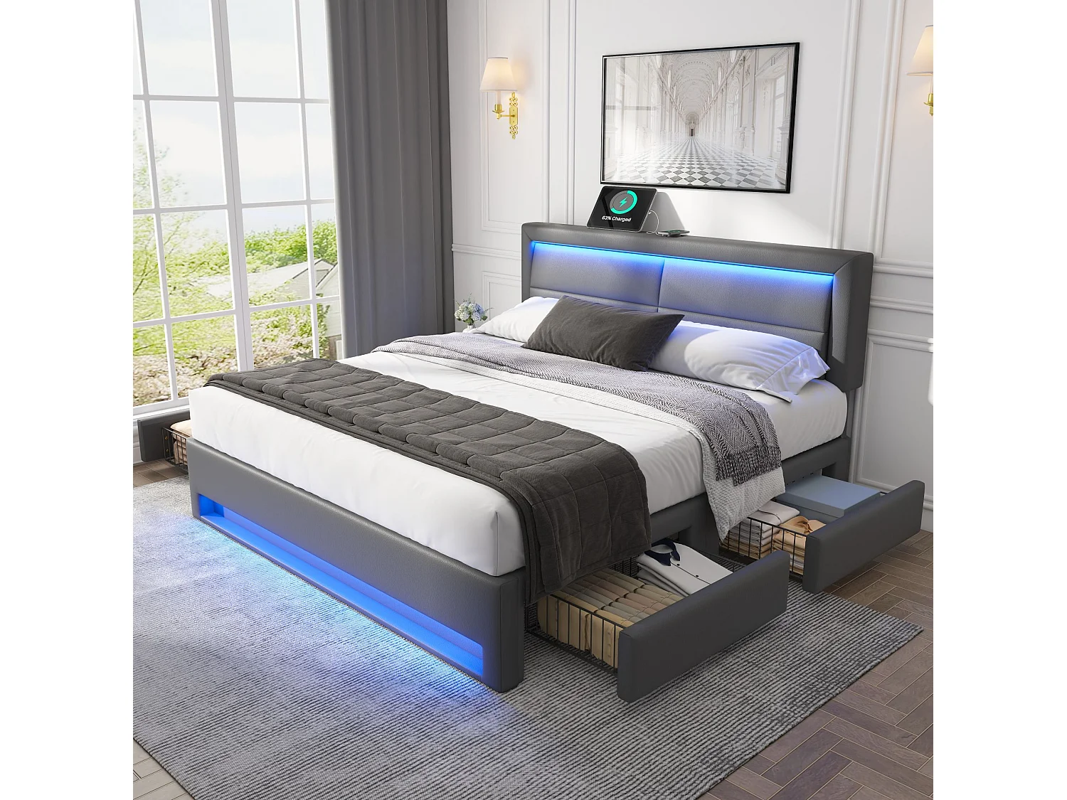 Lit adulte 140 x 200 cm avec port USB et Tête de lit réglable, LED et rangement, PU gris, sans matelas