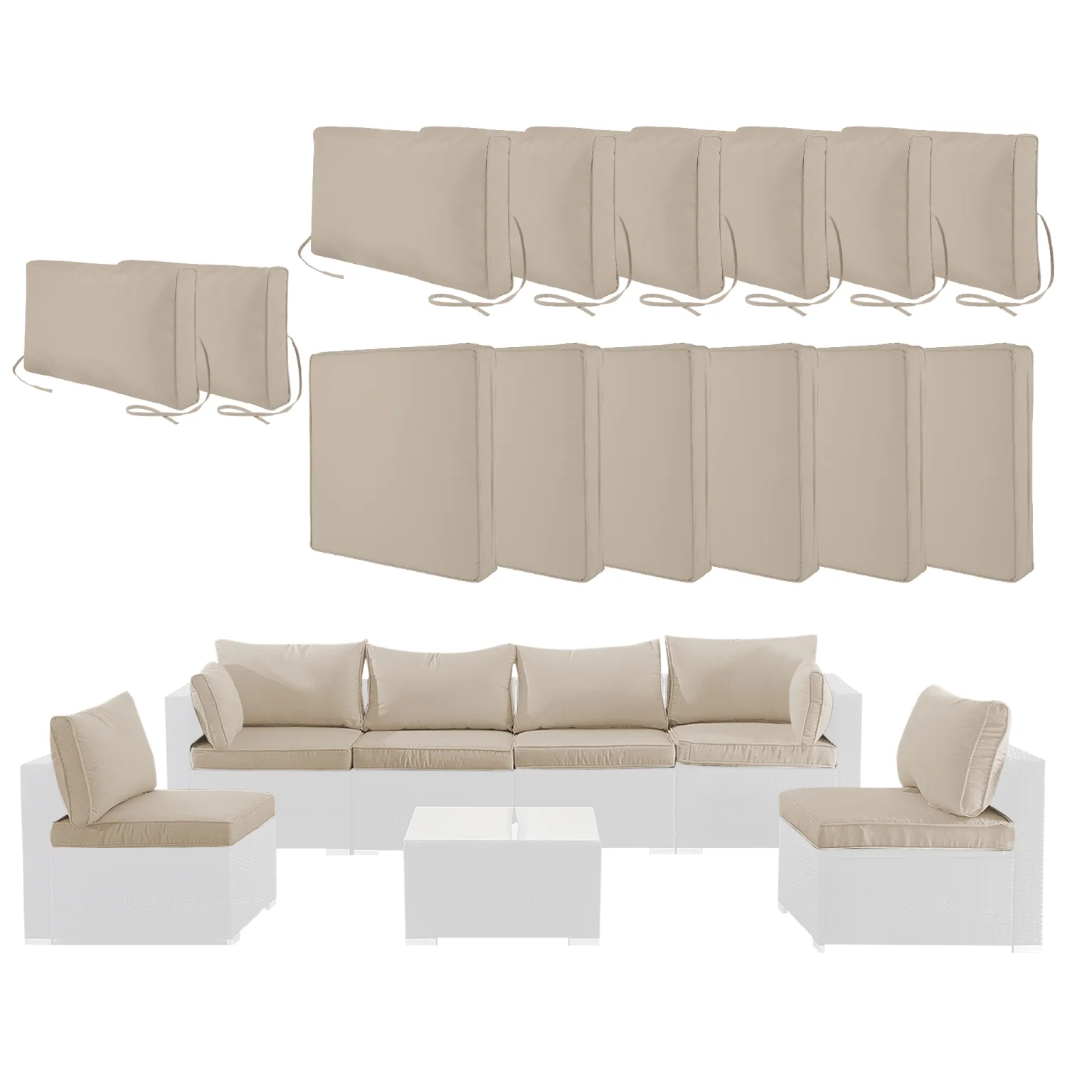 Khaki 14Pack Cushion Covers for 7 Pcs (6-Seaters) Wicker Rattan Sectional Sofa, Zipper Design, Outdoor Slipcovers with