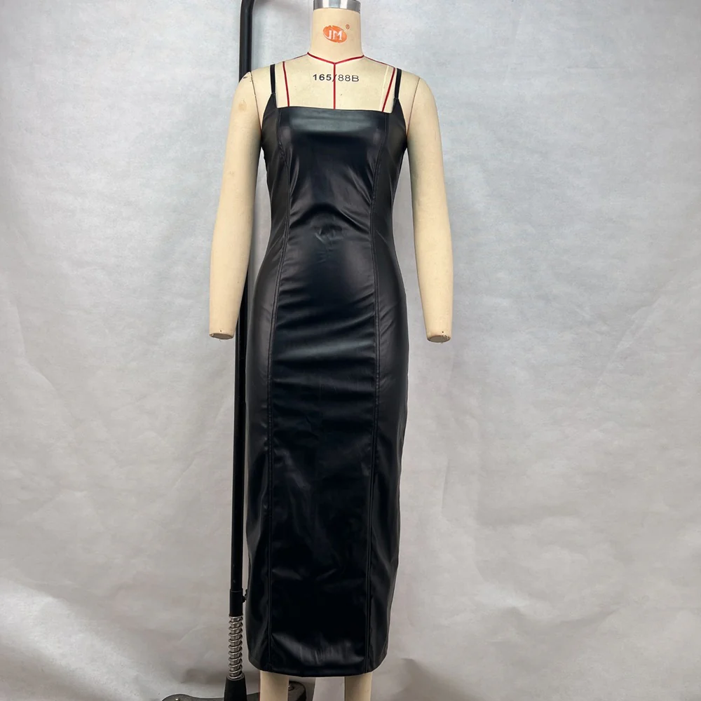 Women Clothing Dress Spring Summer Leather Sling Zipper Back Slit Line Waist Tight Hip Dress - AZJHJ
