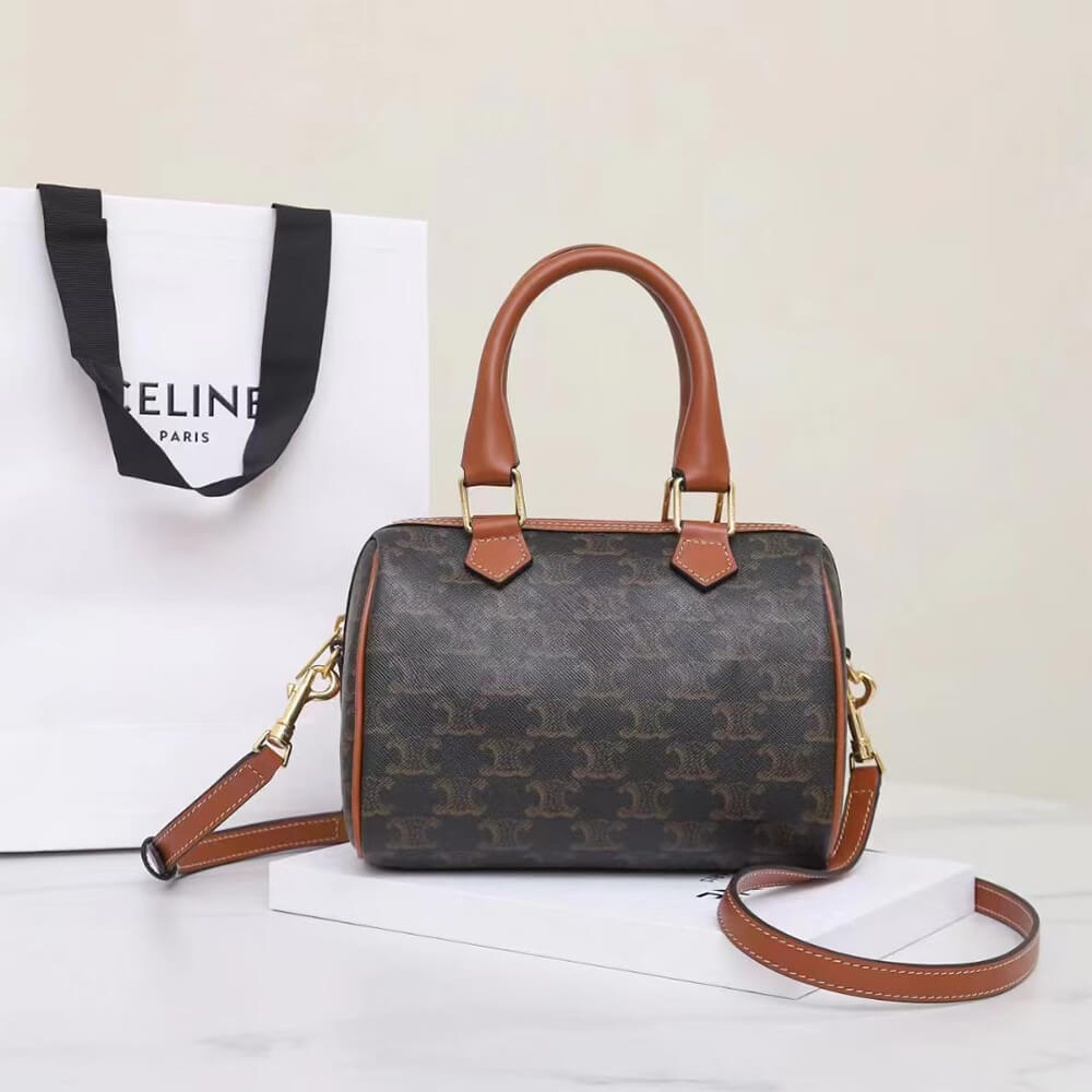 Celine Small Boston Bag in Triomphe Canvas and calfskin