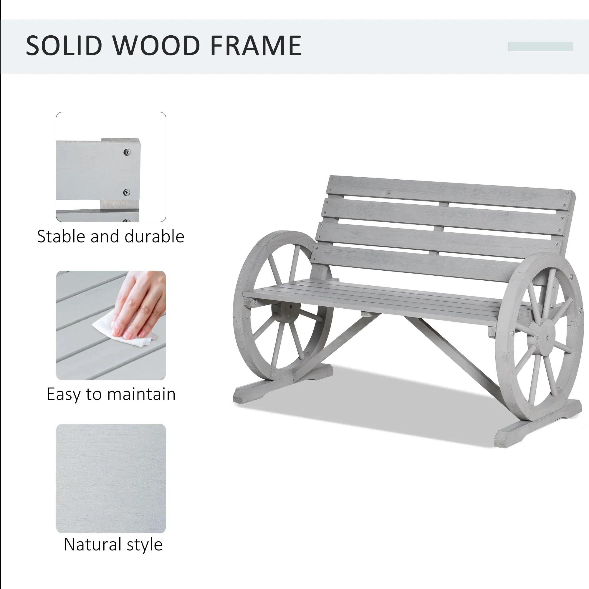 Outsunny Wooden Wagon Wheel Bench, 2-Person, Fir Wood, Carbonized, 41.5in L x 23.25in W x 29.5in H - 84B-183 - Image 13 Outsunny Wooden Wagon Wheel Bench, 2-Person, Fir Wood, Carbonized, 41.5in L x 23.25in W x 29.5in H - 84B-183 - Image 13
