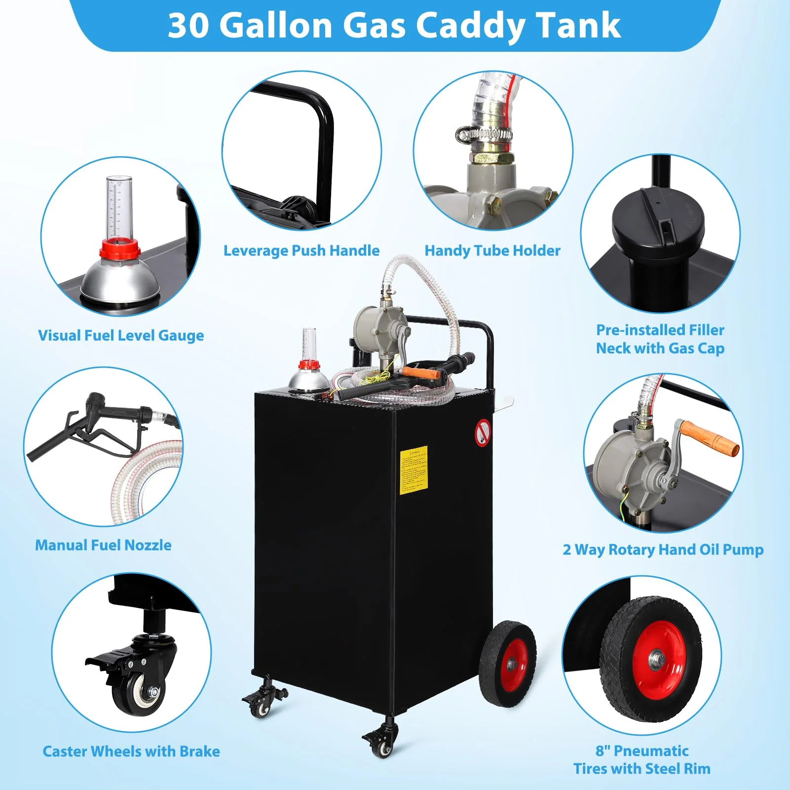 30 Gallon Fuel Caddy, Fuel Storage Tank on 4 Wheels, Portable Gas Caddy with Manual Transfer Pump, Gasoline Diesel Fuel Container for Cars, Lawn Mowers, ATVs, Boats, More