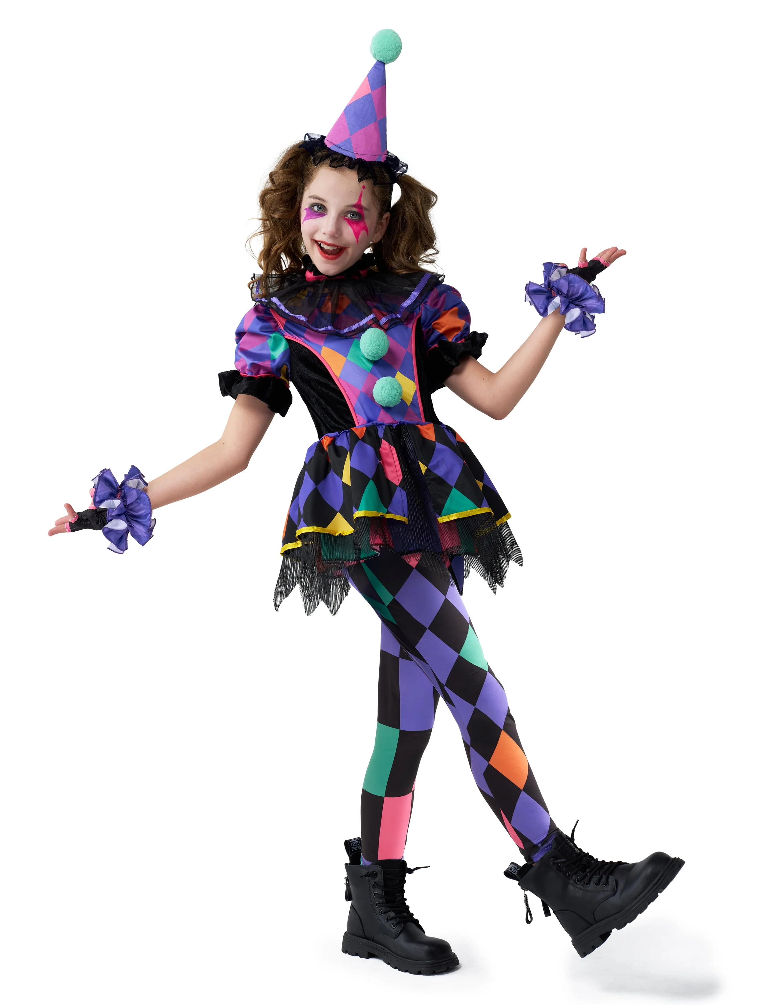 Joyfy Girls Clown Costume, Halloween Scary Clown Costume, Dark Colorful Twisted Clown Jester Dress for Girls Halloween Dress Up, Role Play, Cosplay Party - Image 4 Joyfy Girls Clown Costume, Halloween Scary Clown Costume, Dark Colorful Twisted Clown Jester Dress for Girls Halloween Dress Up, Role Play, Cosplay Party - Image 4