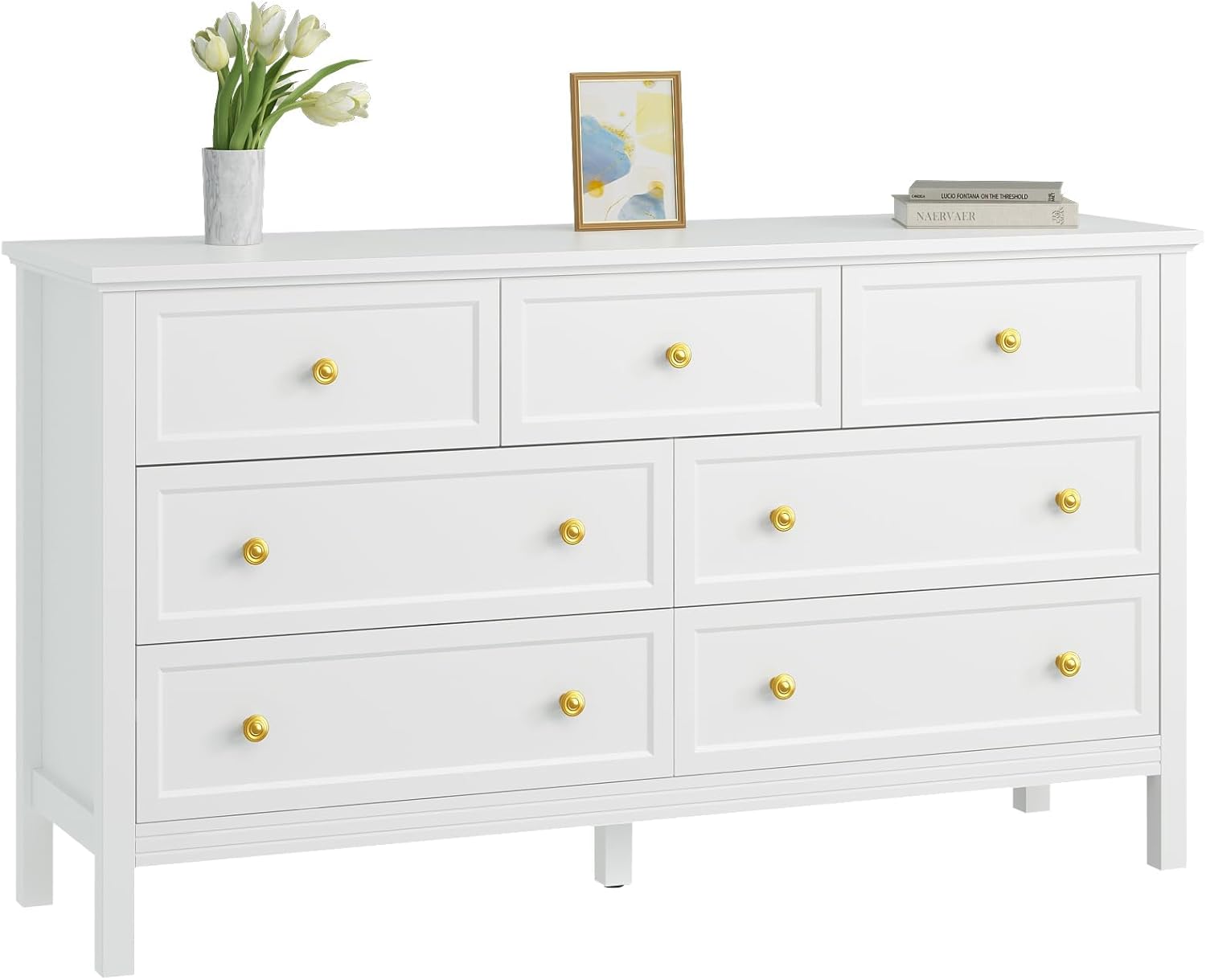 CARPETNAL White Dresser for Bedroom, 7 Drawer Dresser with Wide Drawers and Gold Metal Handles, 55